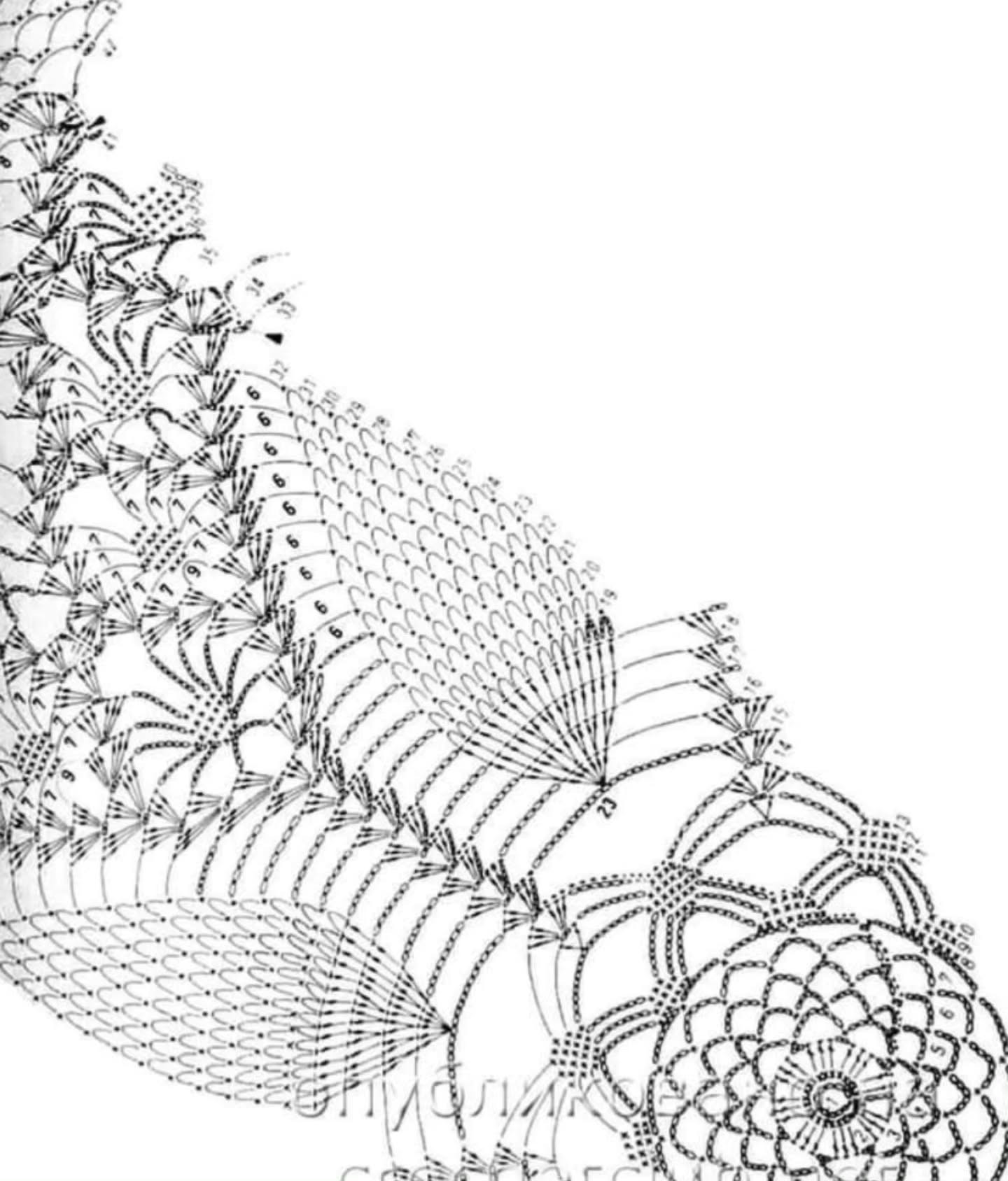 Intricate White Crochet Tablecloth with Floral Motif and Detailed Flat Chart Pattern