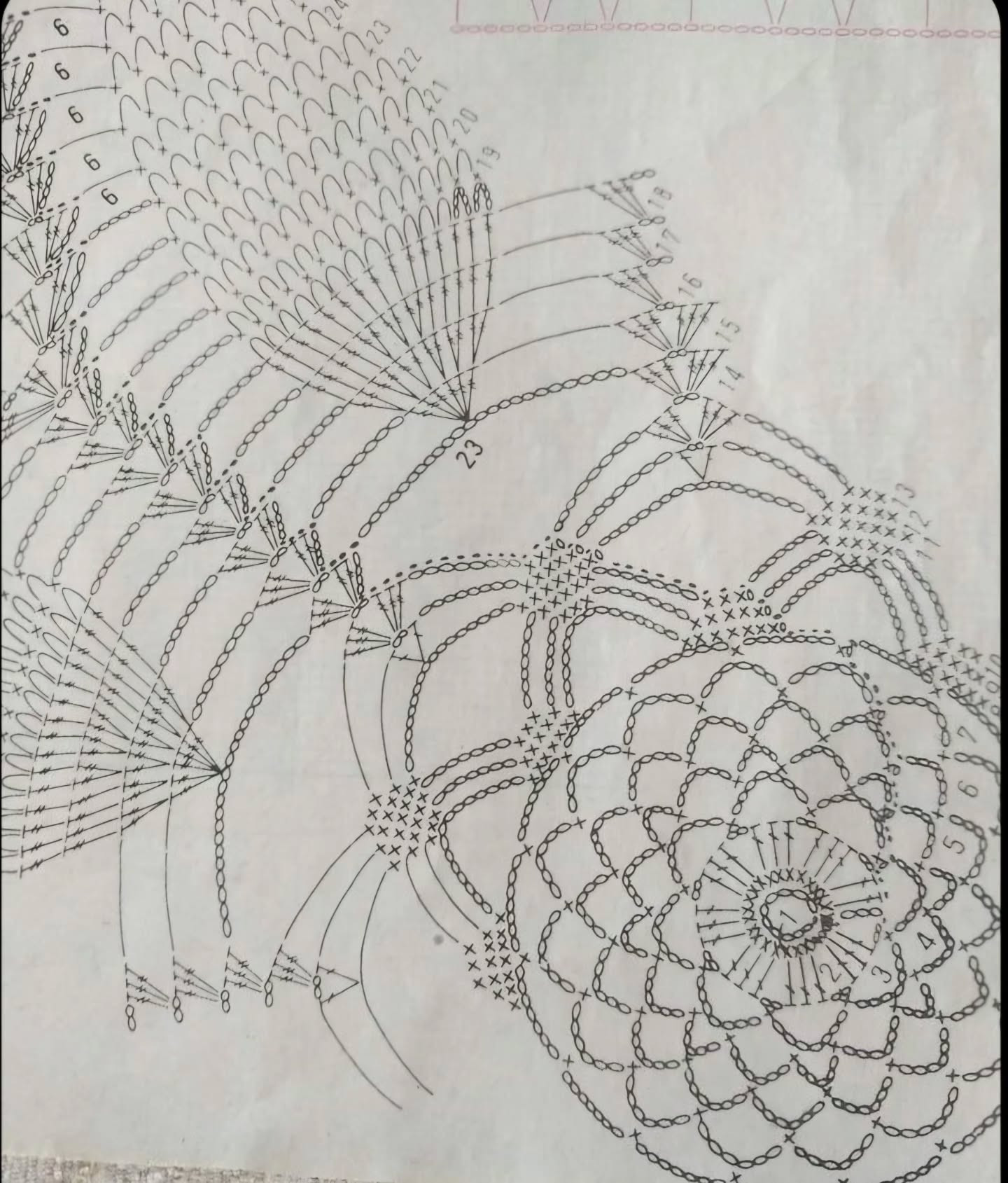 Intricate White Crochet Tablecloth with Floral Motif and Detailed Flat Chart Pattern