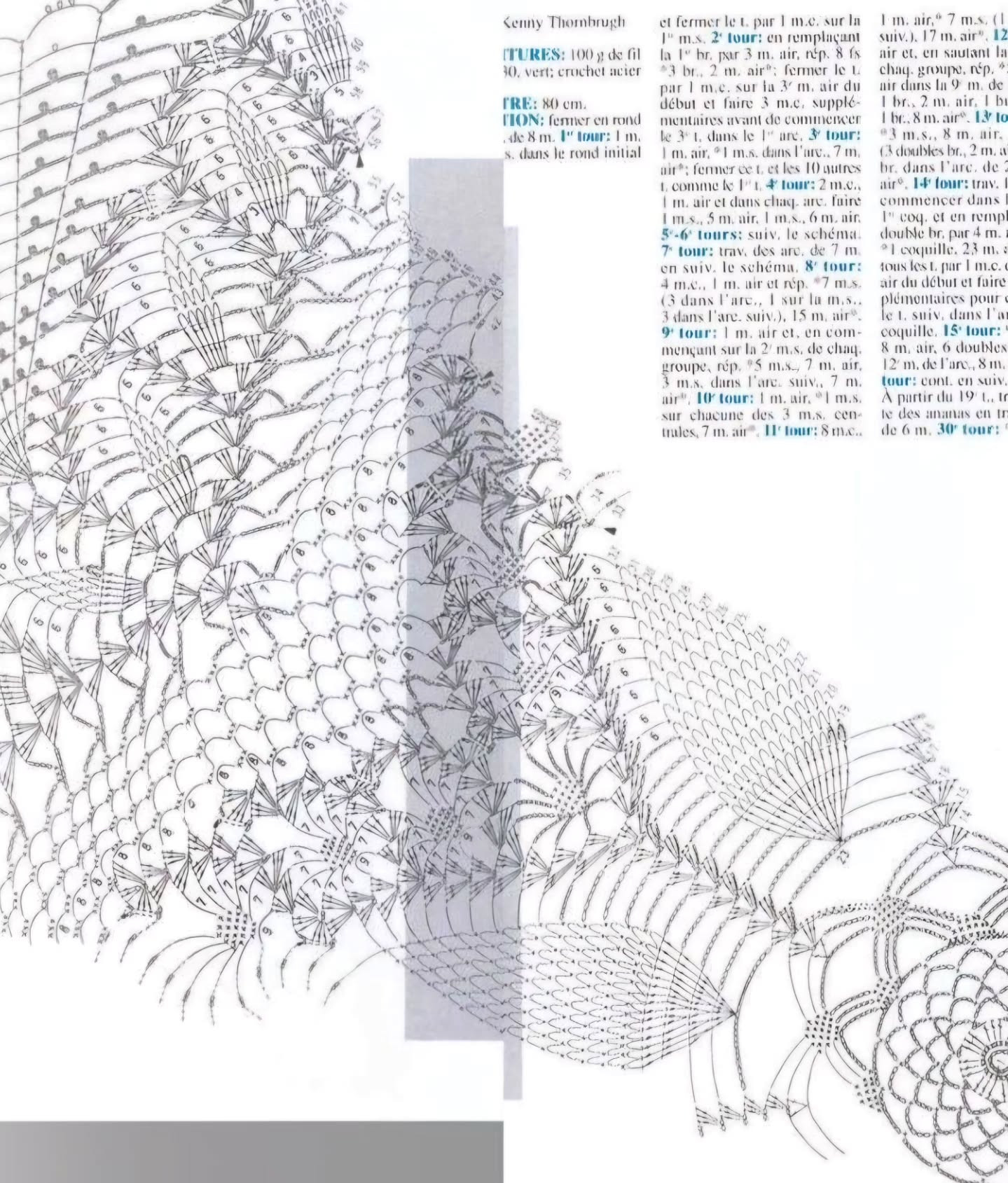 Intricate White Crochet Tablecloth with Floral Motif and Detailed Flat Chart Pattern