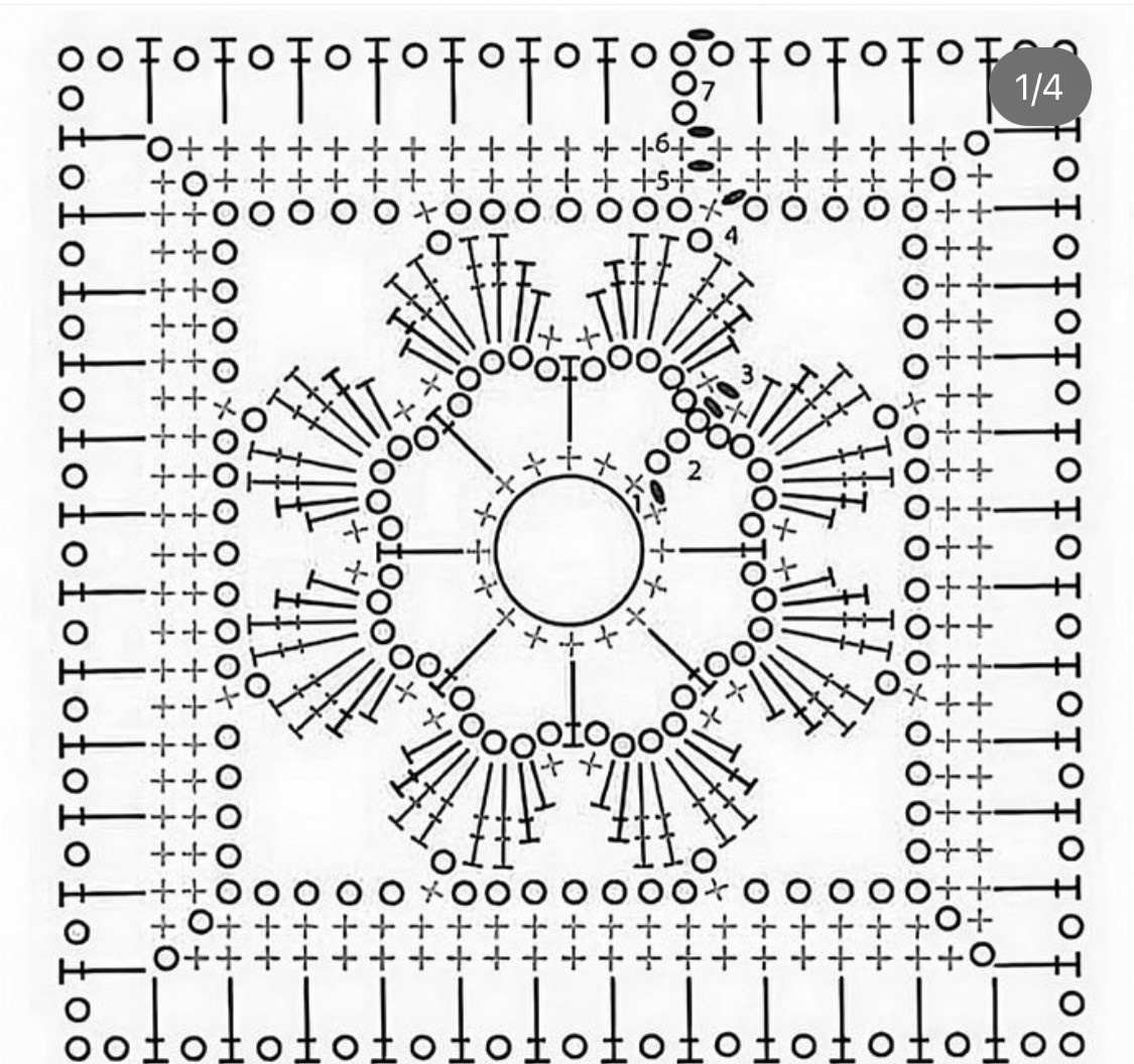 Italian Crochet Chart: Fan Stitch Pattern and Square Motif with Detailed Symbols