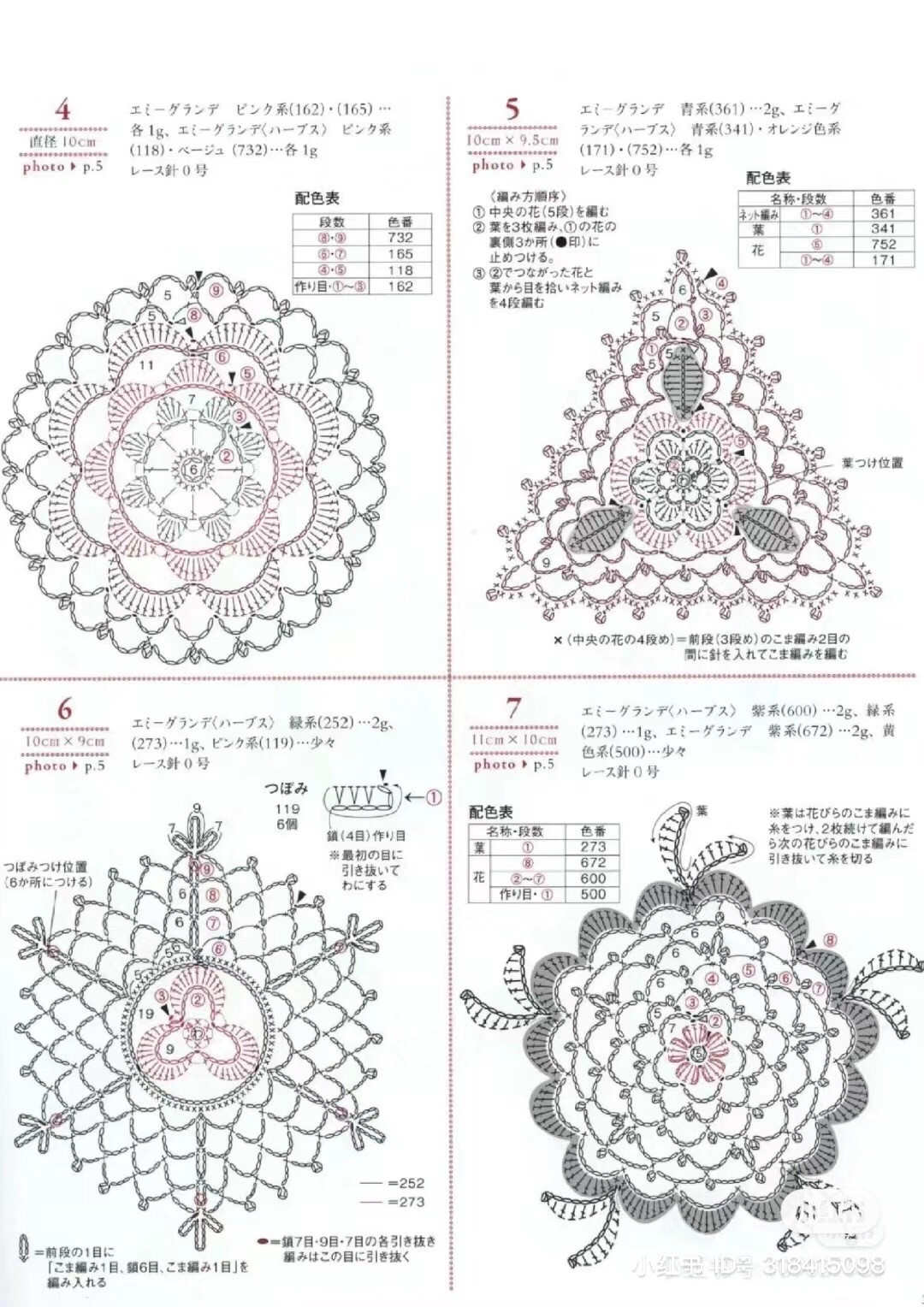Japanese Crochet Chart: Floral Motifs, Round and Triangle Patterns with Color Guide