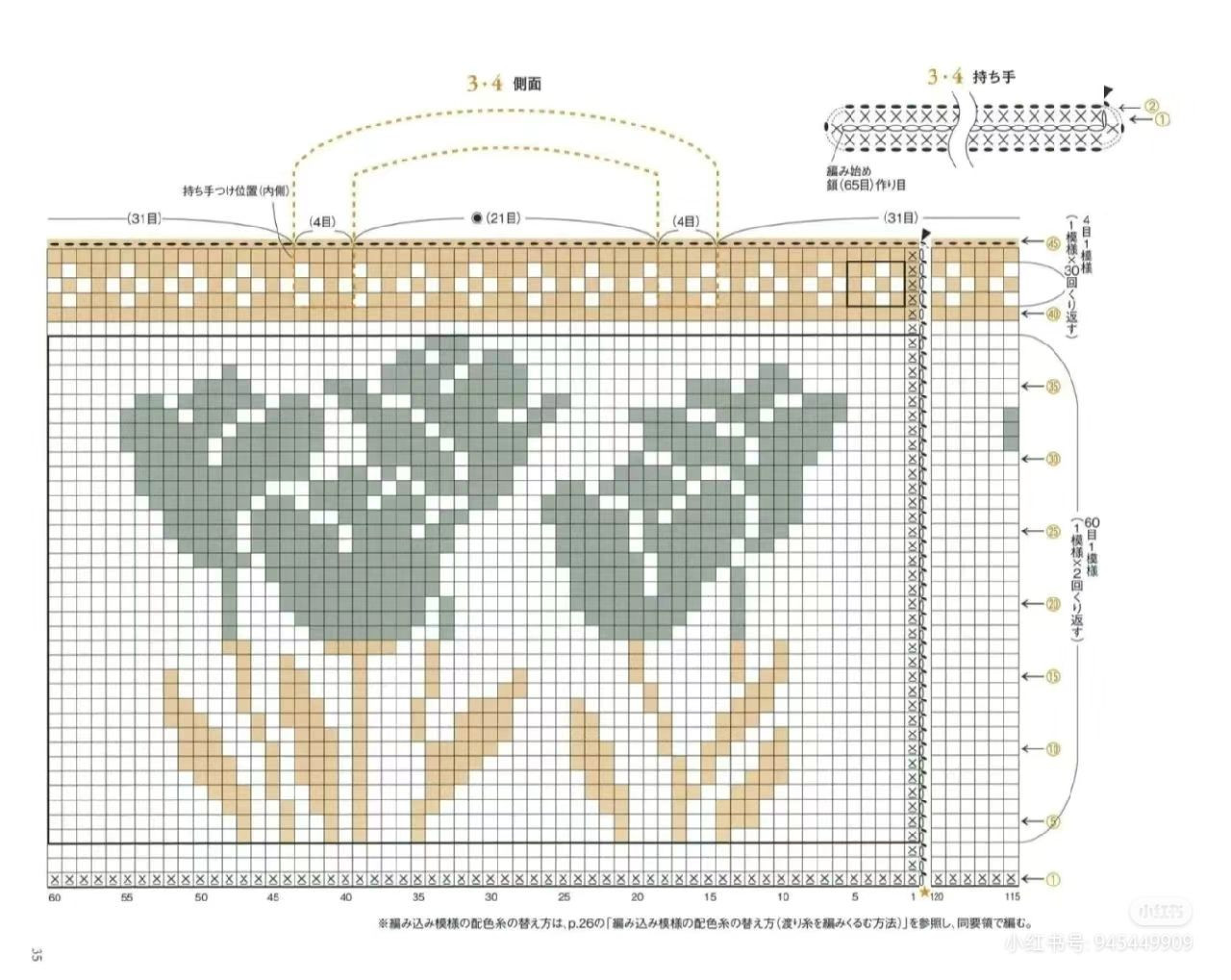 Japanese Crochet Chart for Red Tulip Tote Bag with Green Handles and White Background