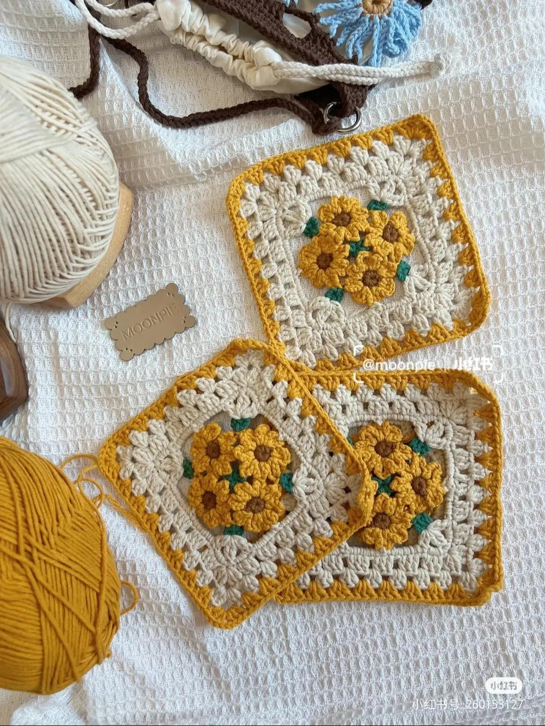 Japanese Crochet Chart: Melampoum Granny Square Pattern with Yellow Flowers