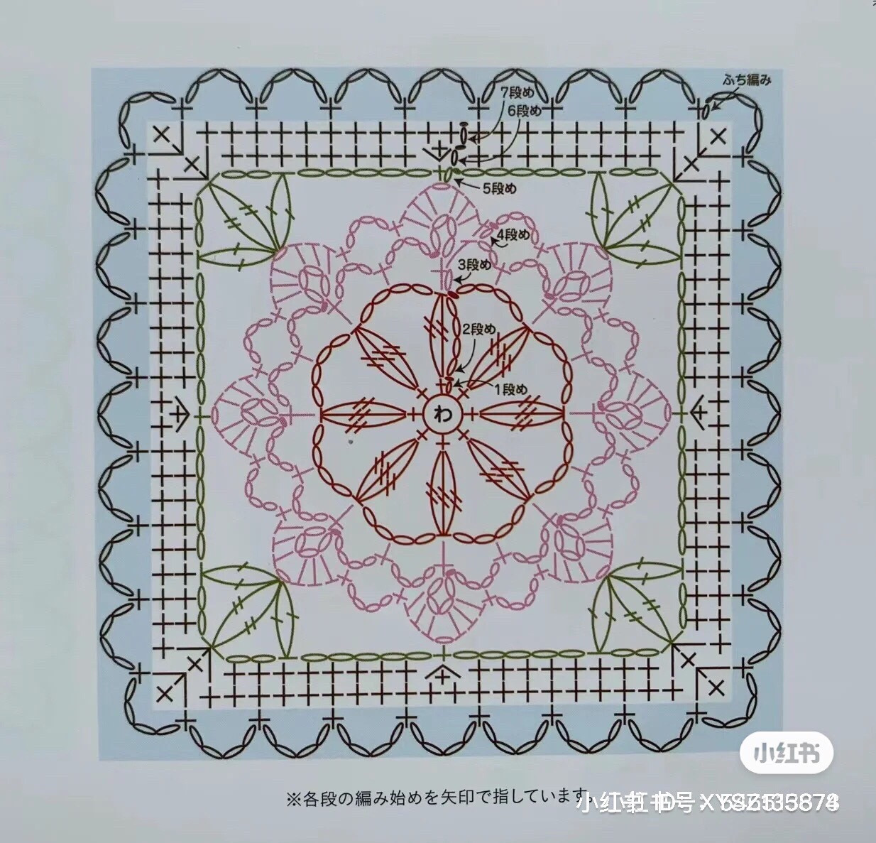 Japanese Crochet Flat Chart: Floral Granny Square Pattern with Color Guide