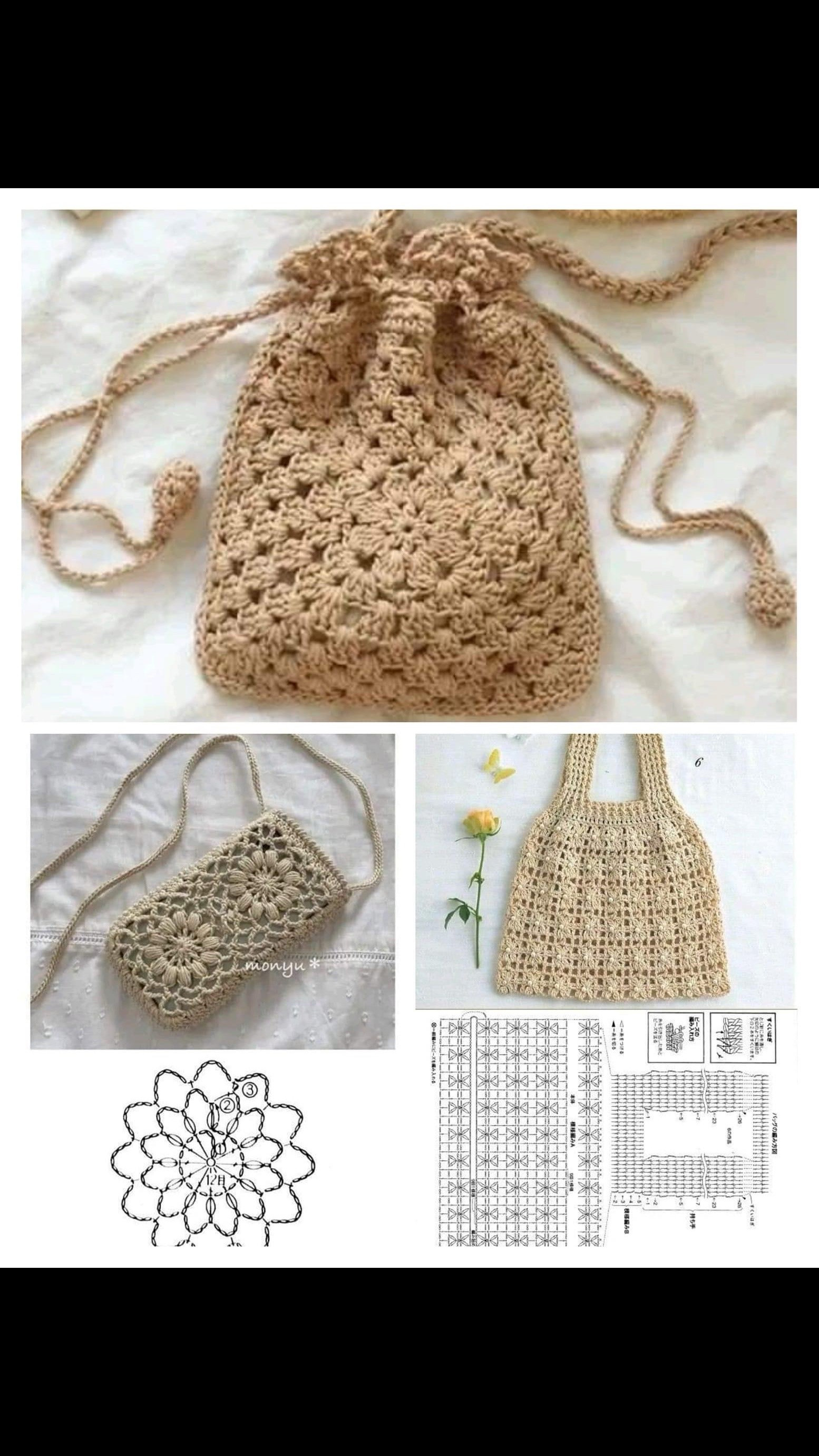 Japanese Crochet Flower Bag Pattern: Drawstring and Tote Styles with Flat Charts