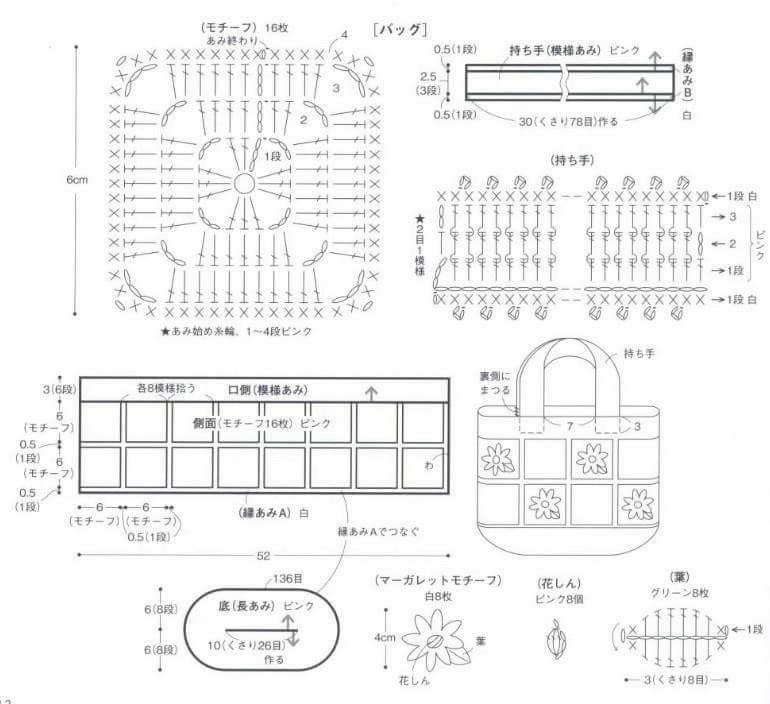 Japanese Crochet Granny Square Bag Pattern with Daisy Motifs and Chart
