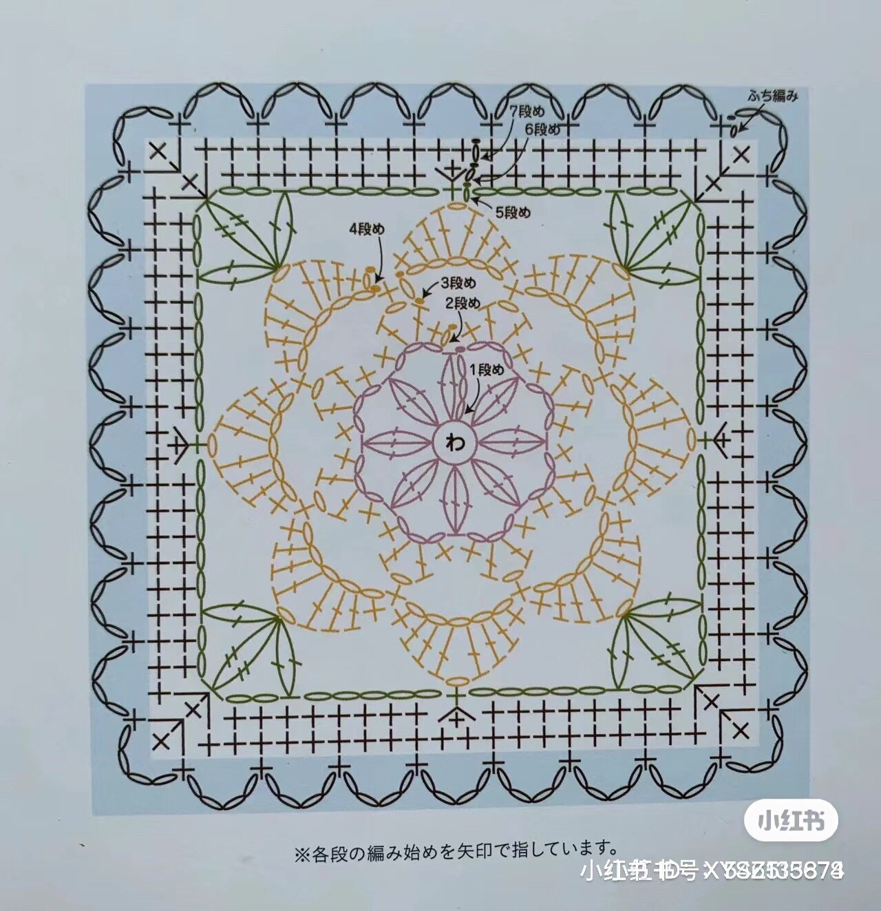 Japanese Crochet Granny Square Chart: Brown and Green Flower Pattern with White Border