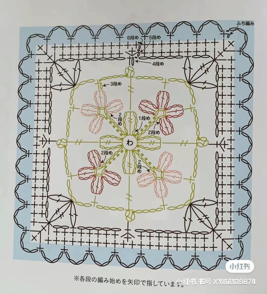 Japanese Crochet Granny Square Chart with Floral Motif and Lace Border Pattern