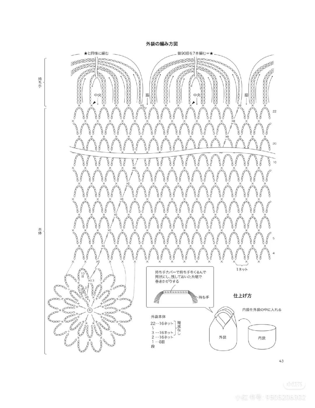 Japanese Crochet Net Bag Pattern with Removable Inner Lining - Blue and Natural Colors