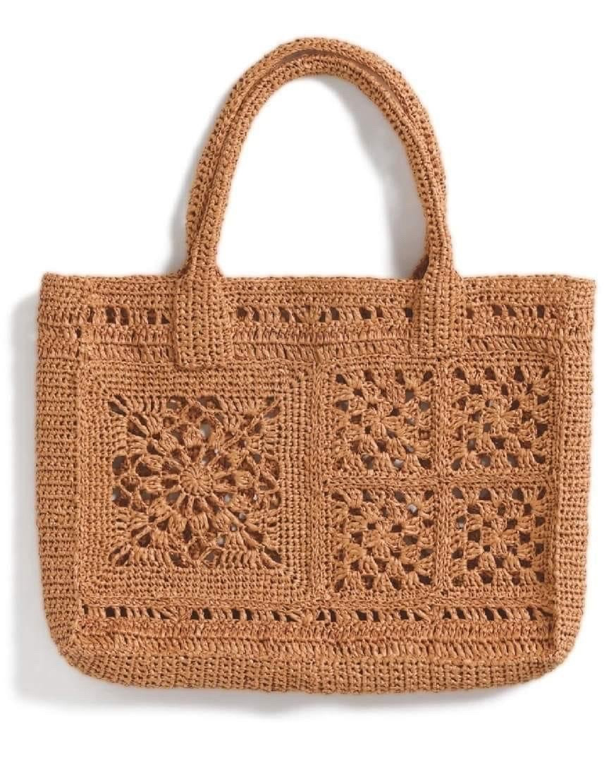 Japanese Crochet Pattern for Brown Flower Motif Tote Bag