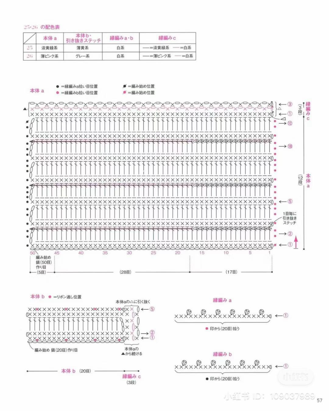 Japanese Crochet Ribbon Pouch Chart: Free Pattern for Green and Pink Lace-Up Bags with Zipper
