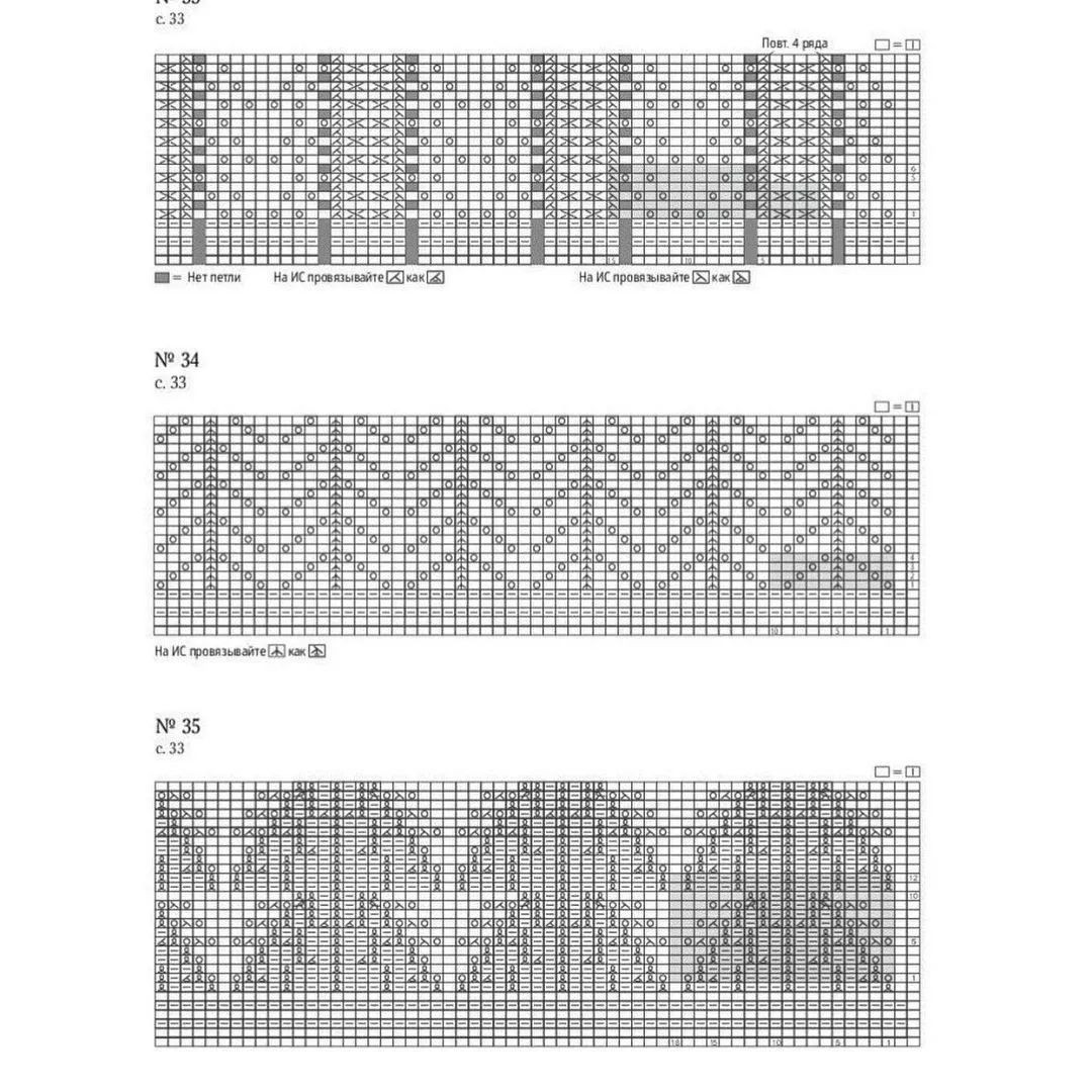 Кайма спицами: схемы узоров №33, №34 и №35 с описанием