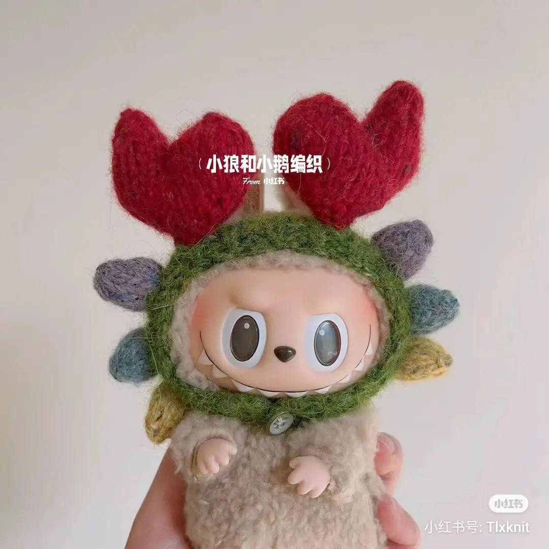 Knitting Chart for Cute Green Labubu Outfit with Red Heart Antlers