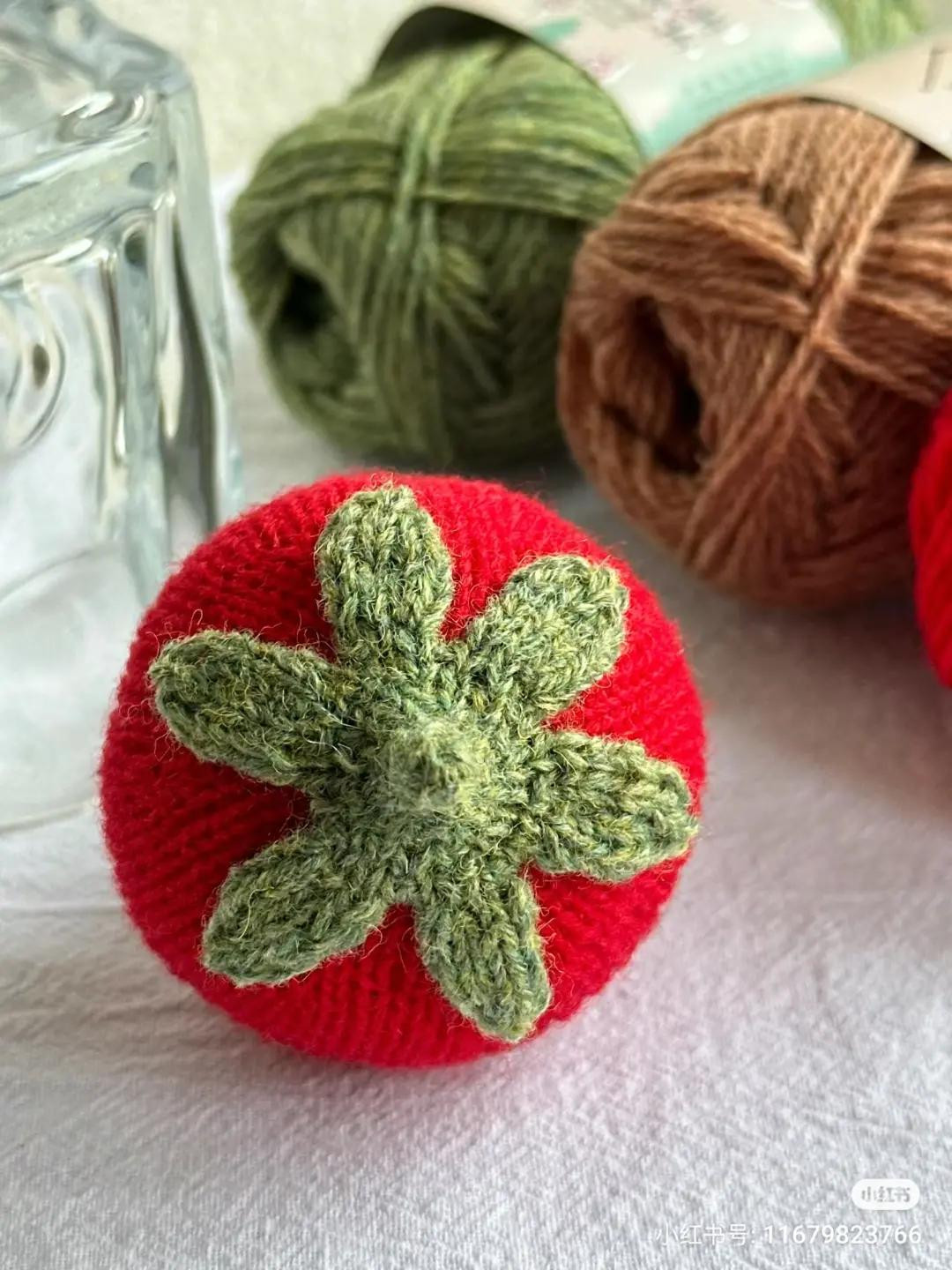 Knitting Pattern for Cute Red Tomato Amigurumi Doll with Green Leaves and Brown Feet