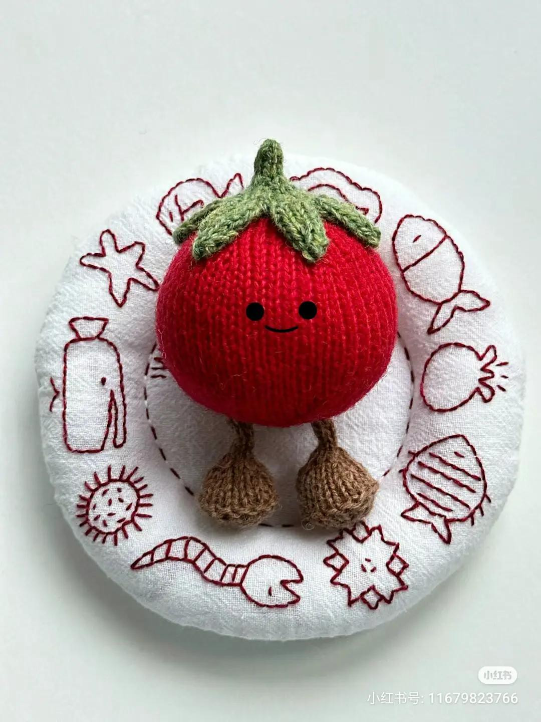 Knitting Pattern for Cute Red Tomato Amigurumi Doll with Green Leaves and Brown Feet