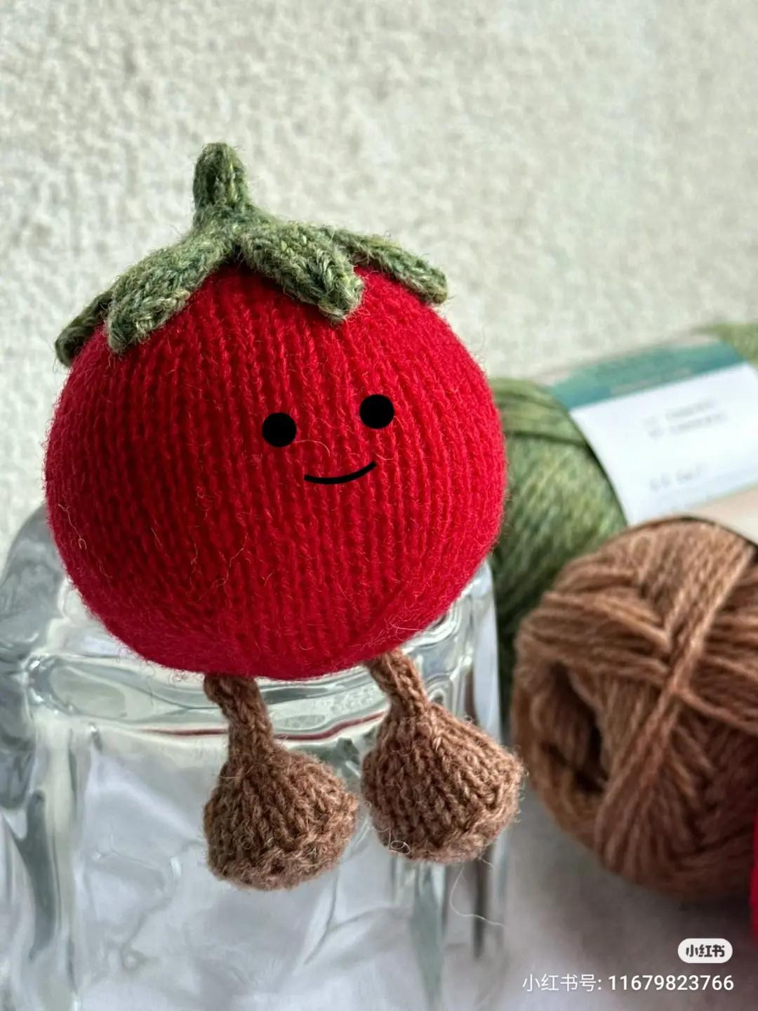Knitting Pattern for Cute Red Tomato Amigurumi Doll with Green Leaves and Brown Feet
