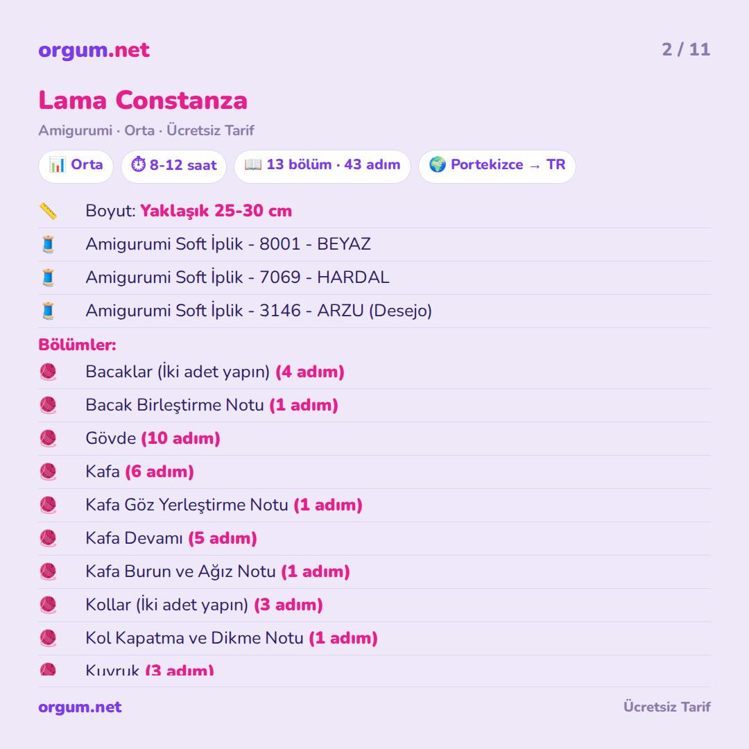 Lama Constanza Amigurumi Tarifi - Ücretsiz Móc Len Alpaca Pattern