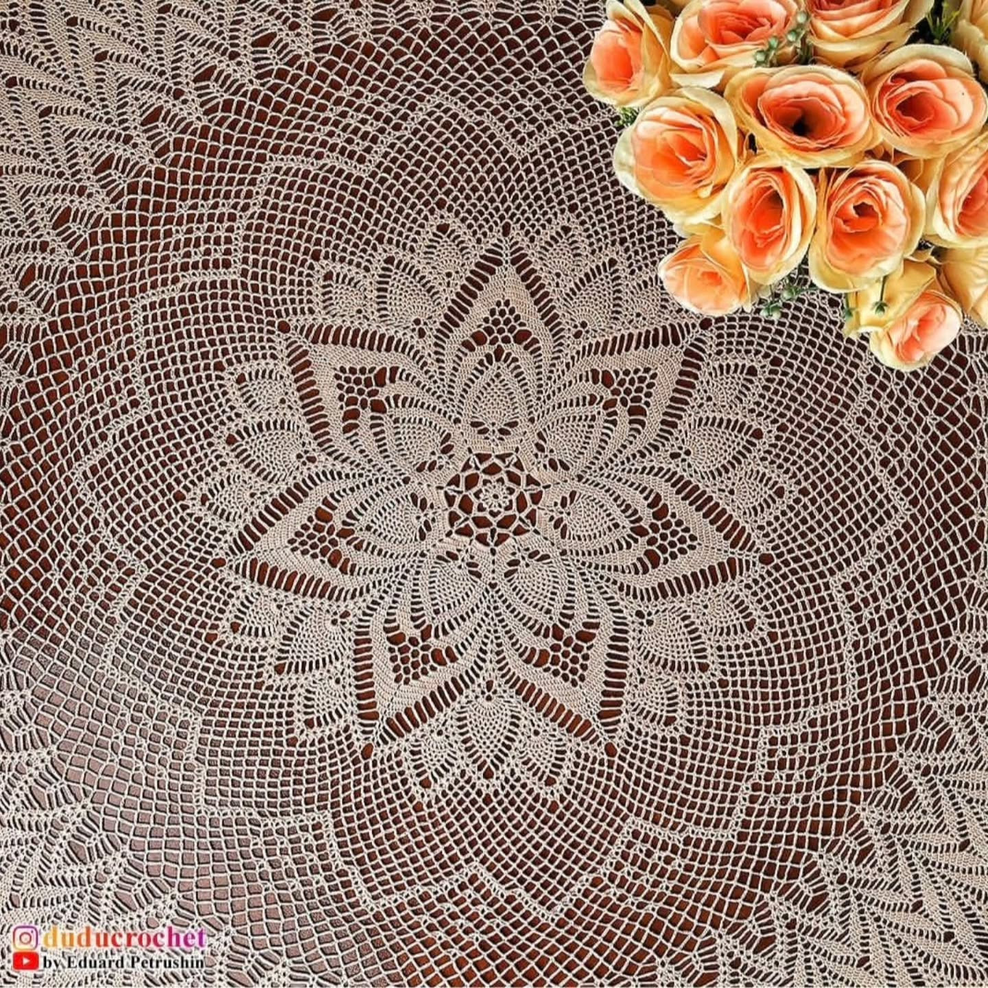 Large Round Crochet Lace Tablecloth with Silk Thread and Detailed Pattern Chart