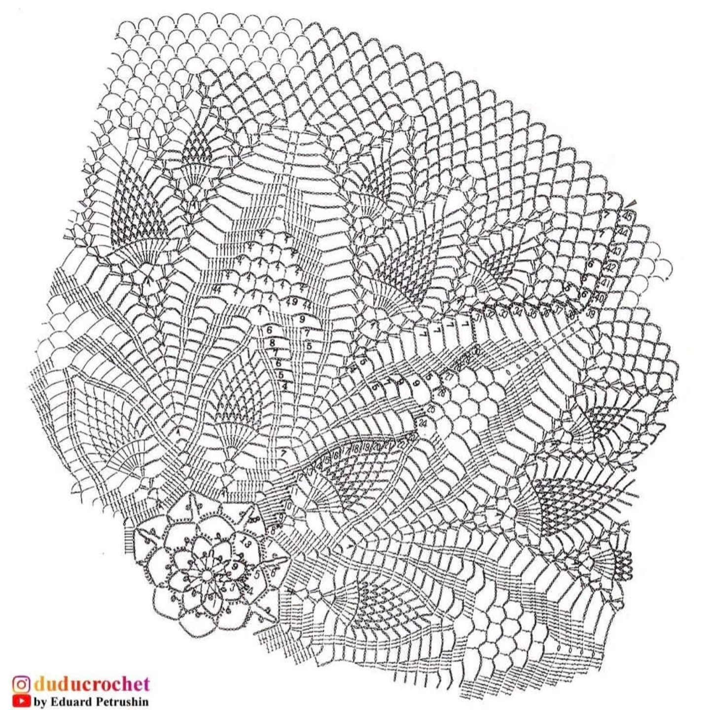 Large Round Crochet Lace Tablecloth with Silk Thread and Detailed Pattern Chart