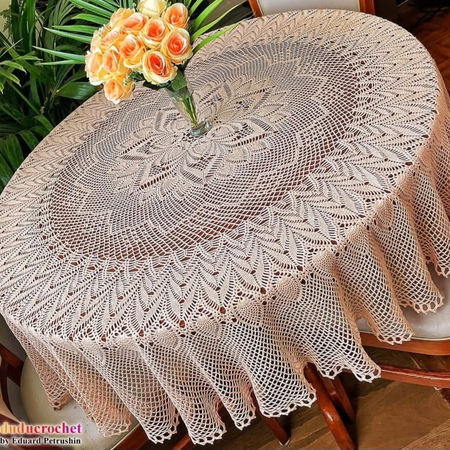Large Round Crochet Lace Tablecloth with Silk Thread and Detailed Pattern Chart