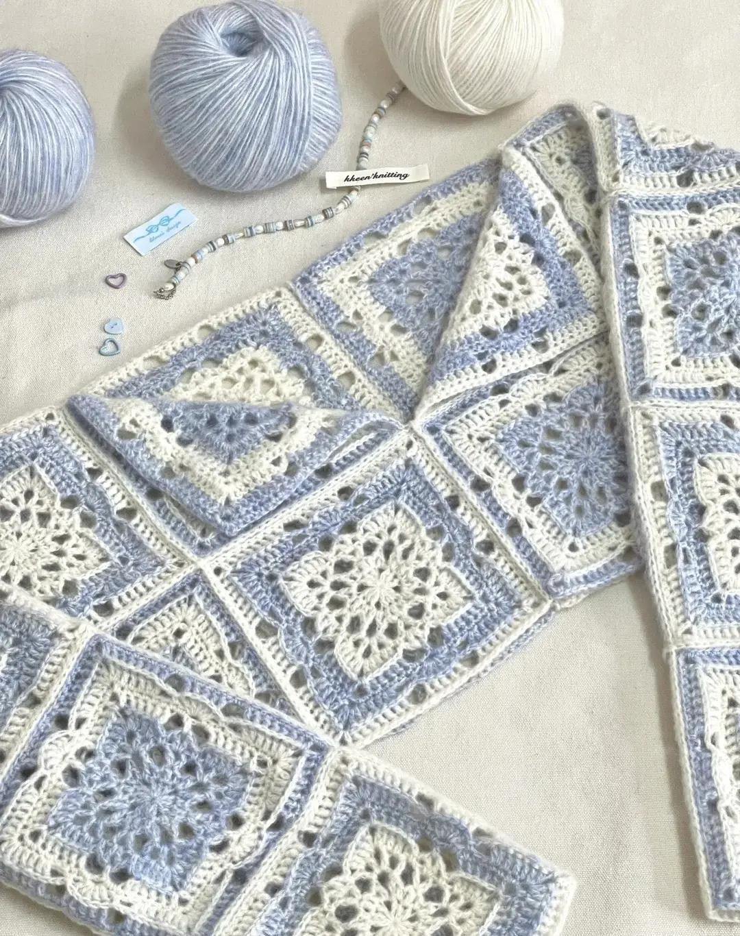 Light Blue and Cream Crochet Granny Square Cardigan Pattern