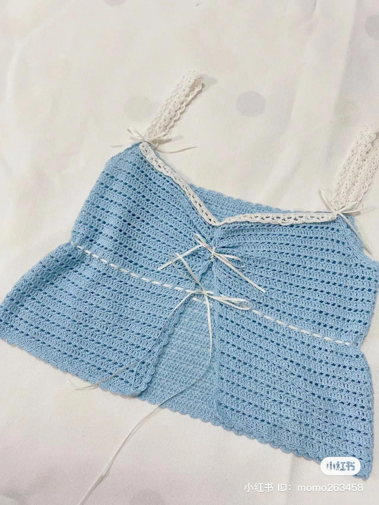 Light Blue Crochet Peplum Top with White Lace Straps and Ribbon Detail