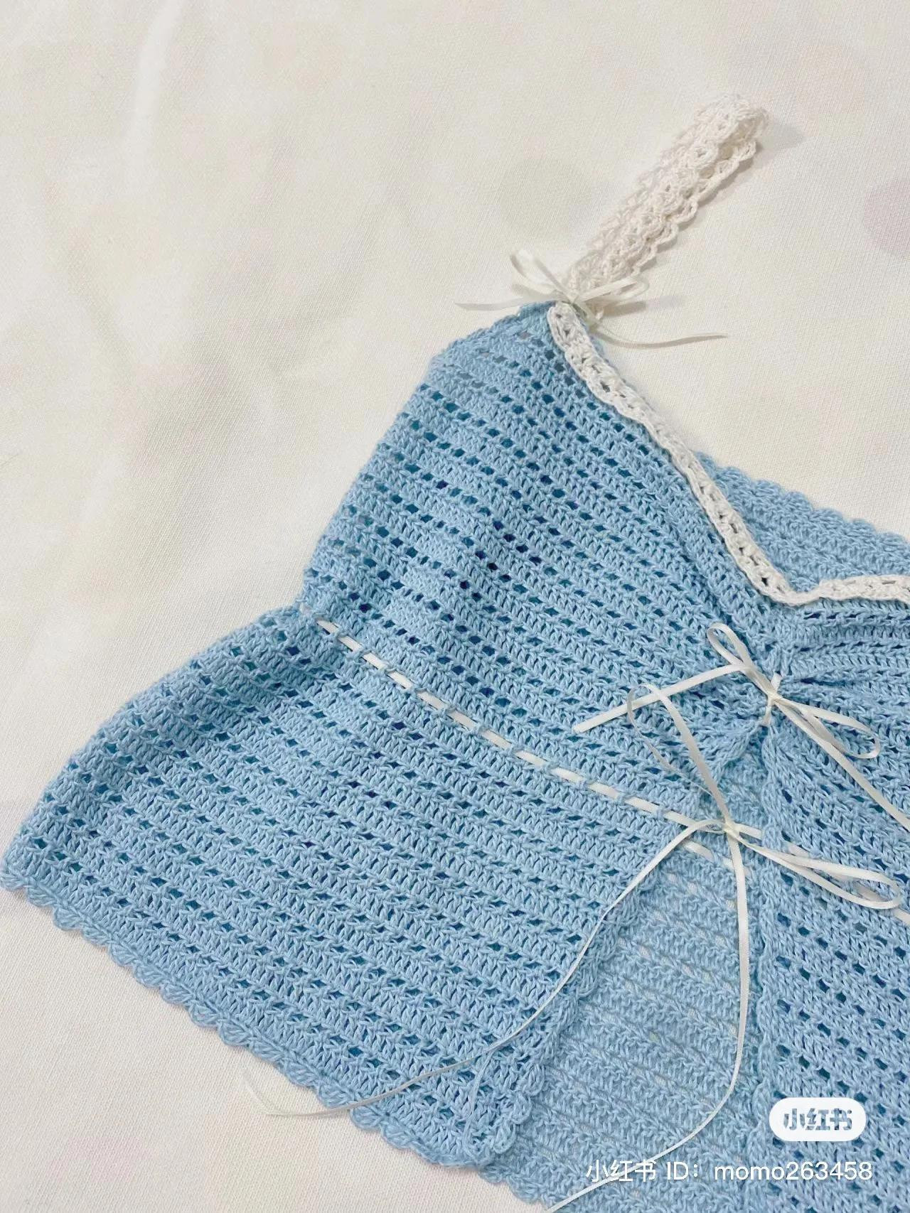 Light Blue Crochet Peplum Top with White Lace Straps and Ribbon Detail