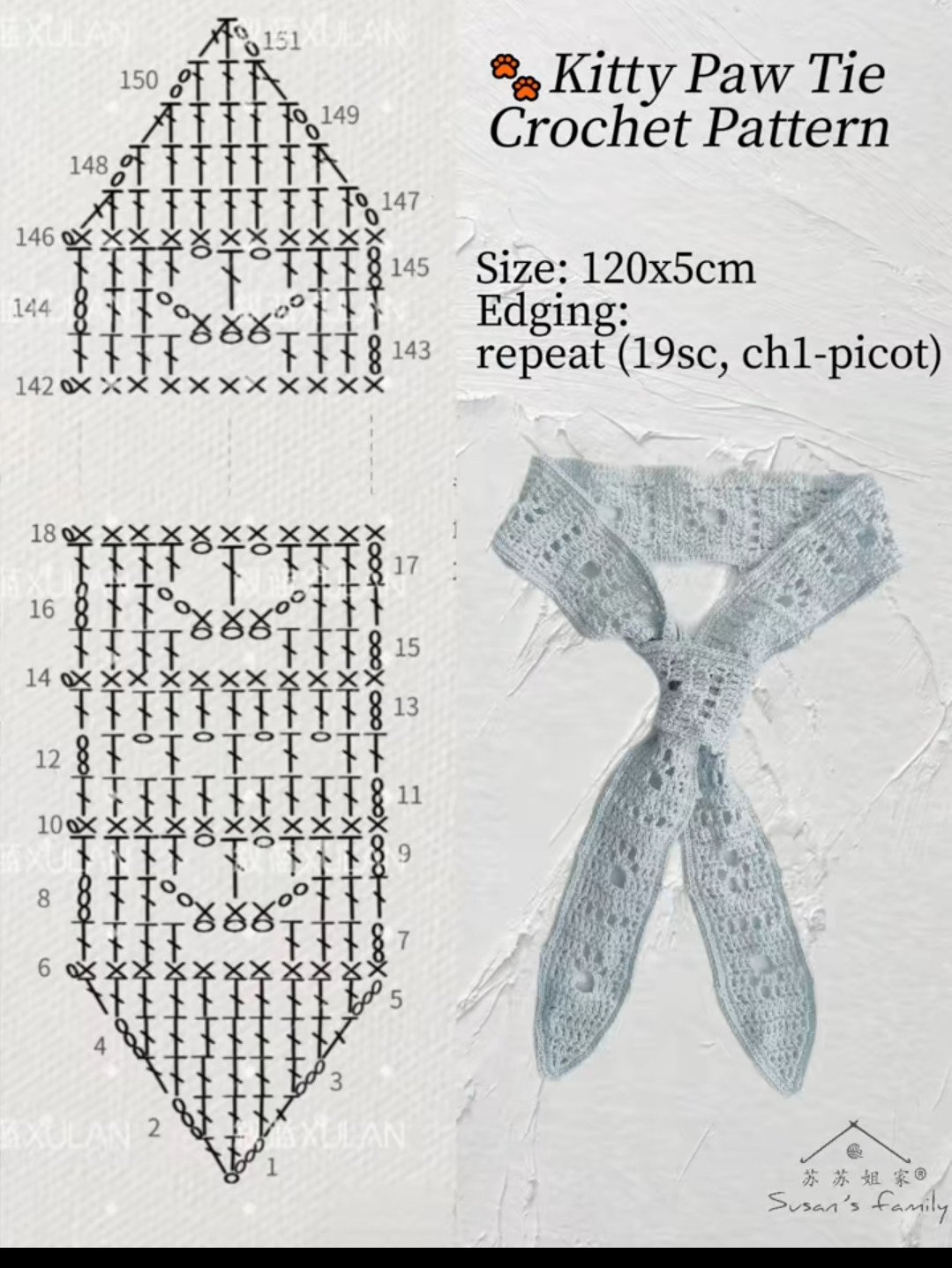 Light Blue Kitty Paw Tie Crochet Pattern Chart
