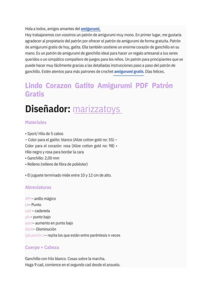 Lindo Corazon Gatito Amigurumi PDF Patrón Gratis