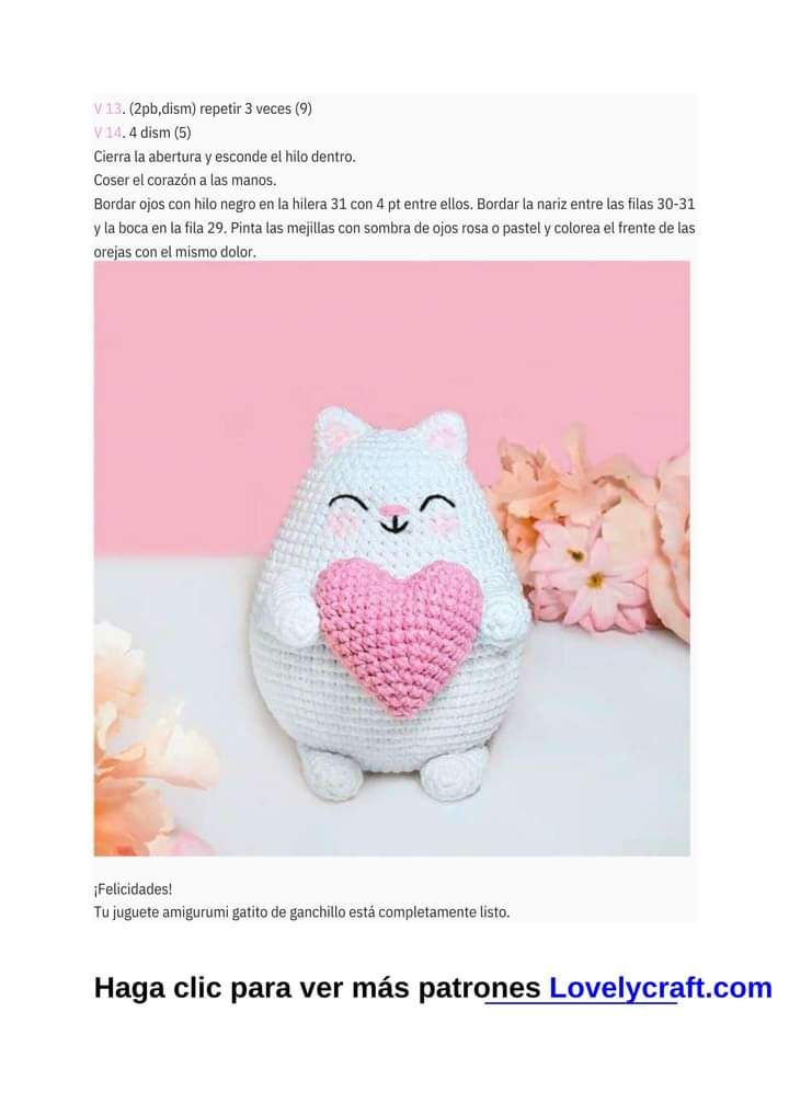 Lindo Corazon Gatito Amigurumi PDF Patrón Gratis