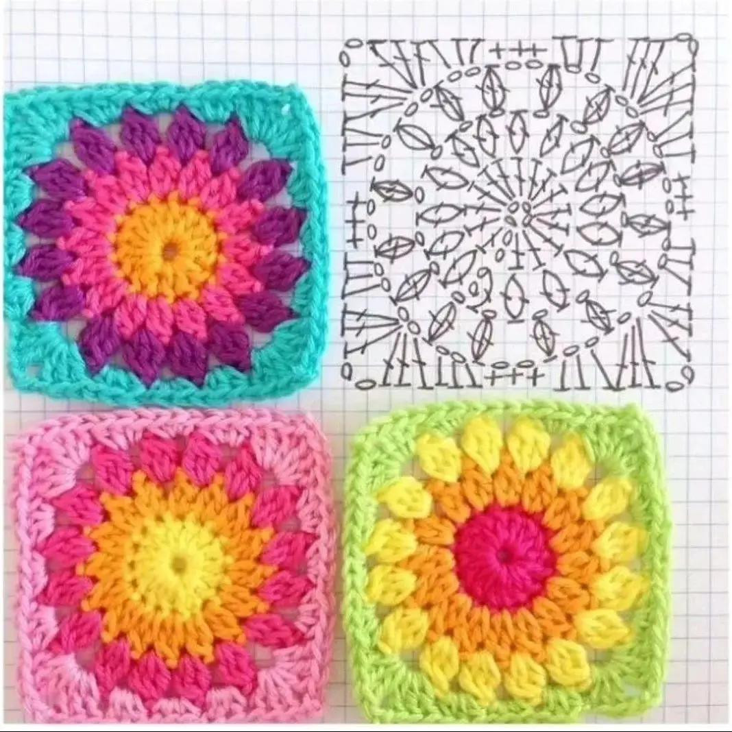 Lindos patrones a crochet: Gráficos de cuadrados florales coloridos y vibrantes para proyectos de tejido
