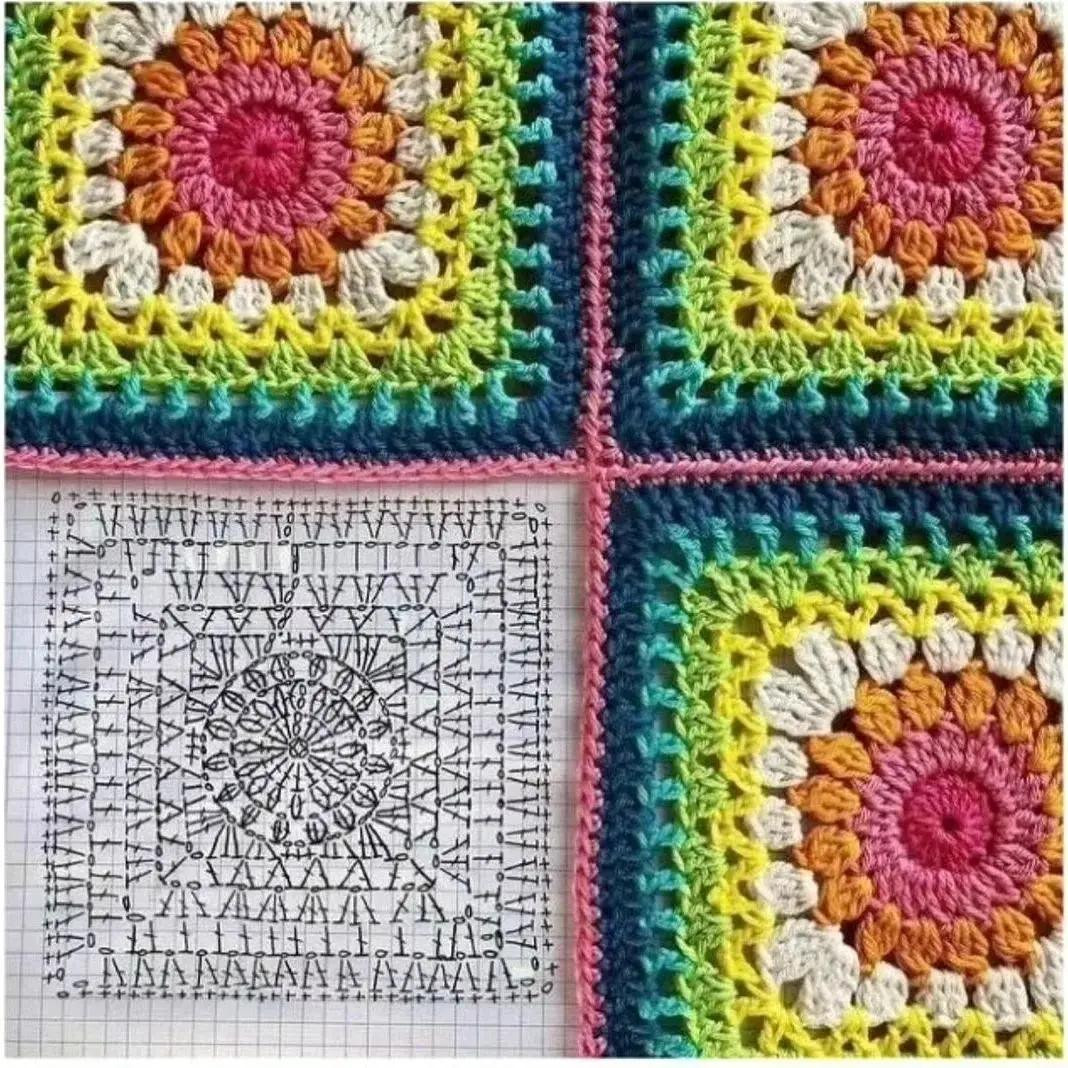Lindos patrones a crochet: Gráficos de cuadrados florales coloridos y vibrantes para proyectos de tejido