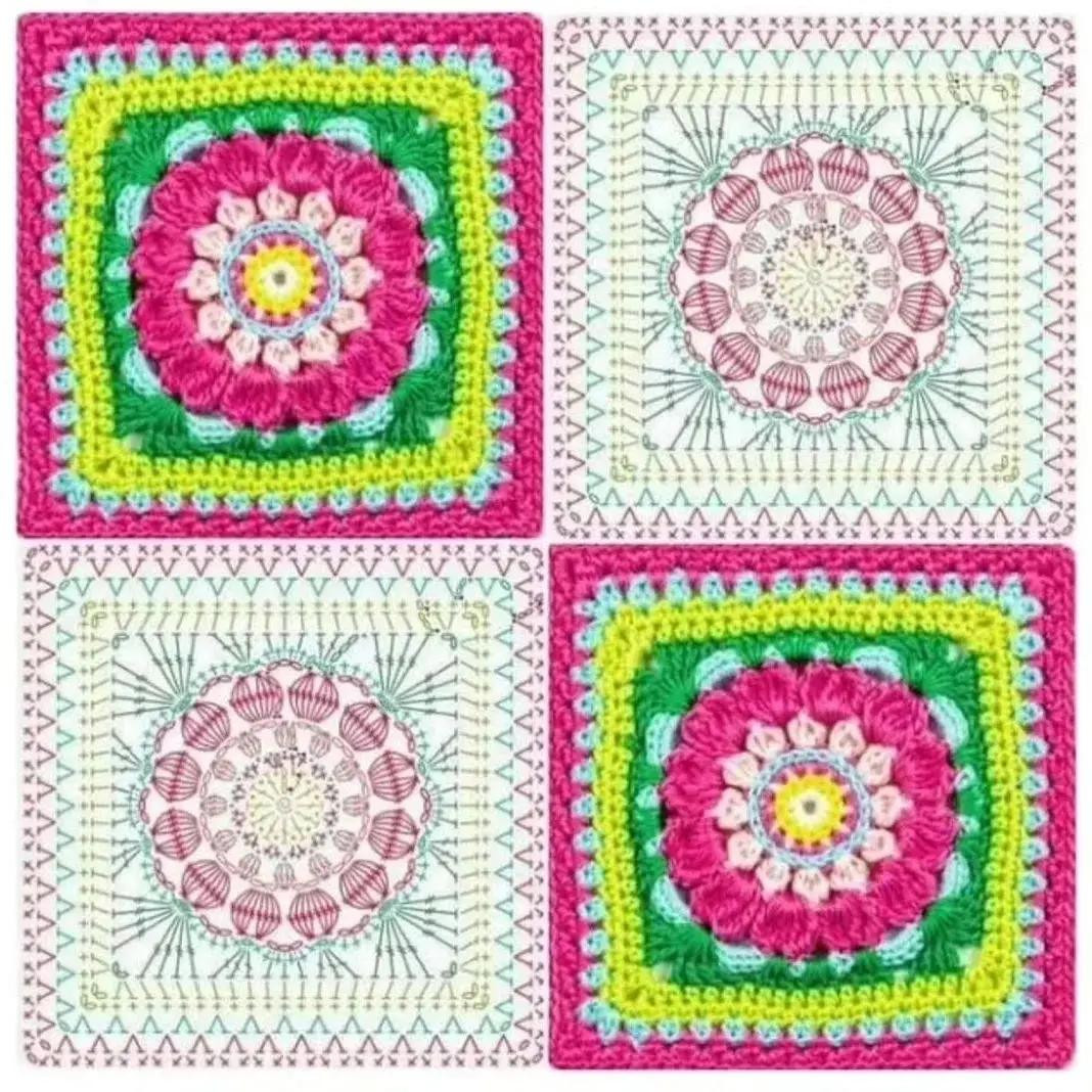 Lindos patrones a crochet: Gráficos de cuadrados florales coloridos y vibrantes para proyectos de tejido