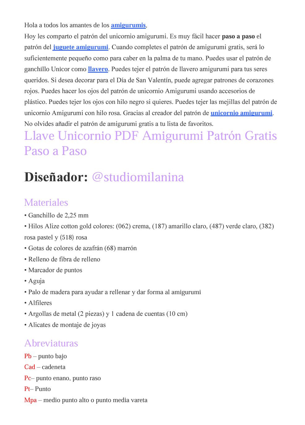 Llave Unicornio PDF Amigurumí Patrón Gratis Paso a Paso