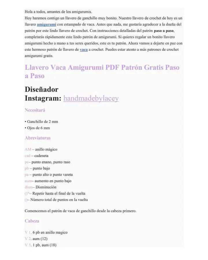 Llavero Vaca Amigurumi PDF Patrón Gratis Paso a Paso