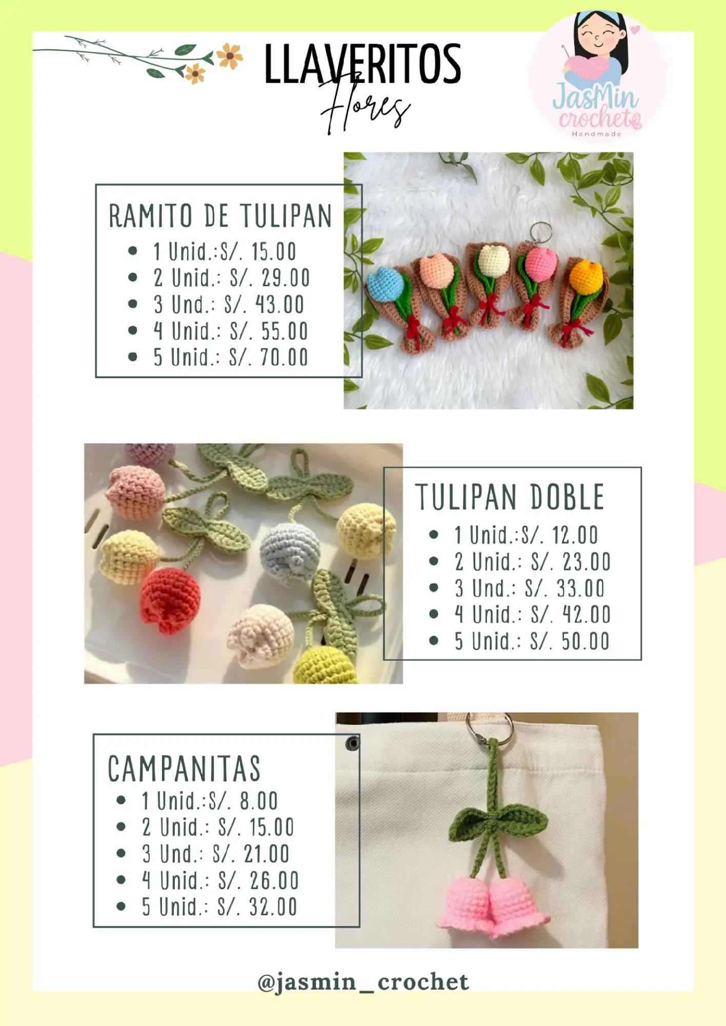 Llaveros de crochet: Tulipanes, rosas, girasoles y abejas hechas a mano