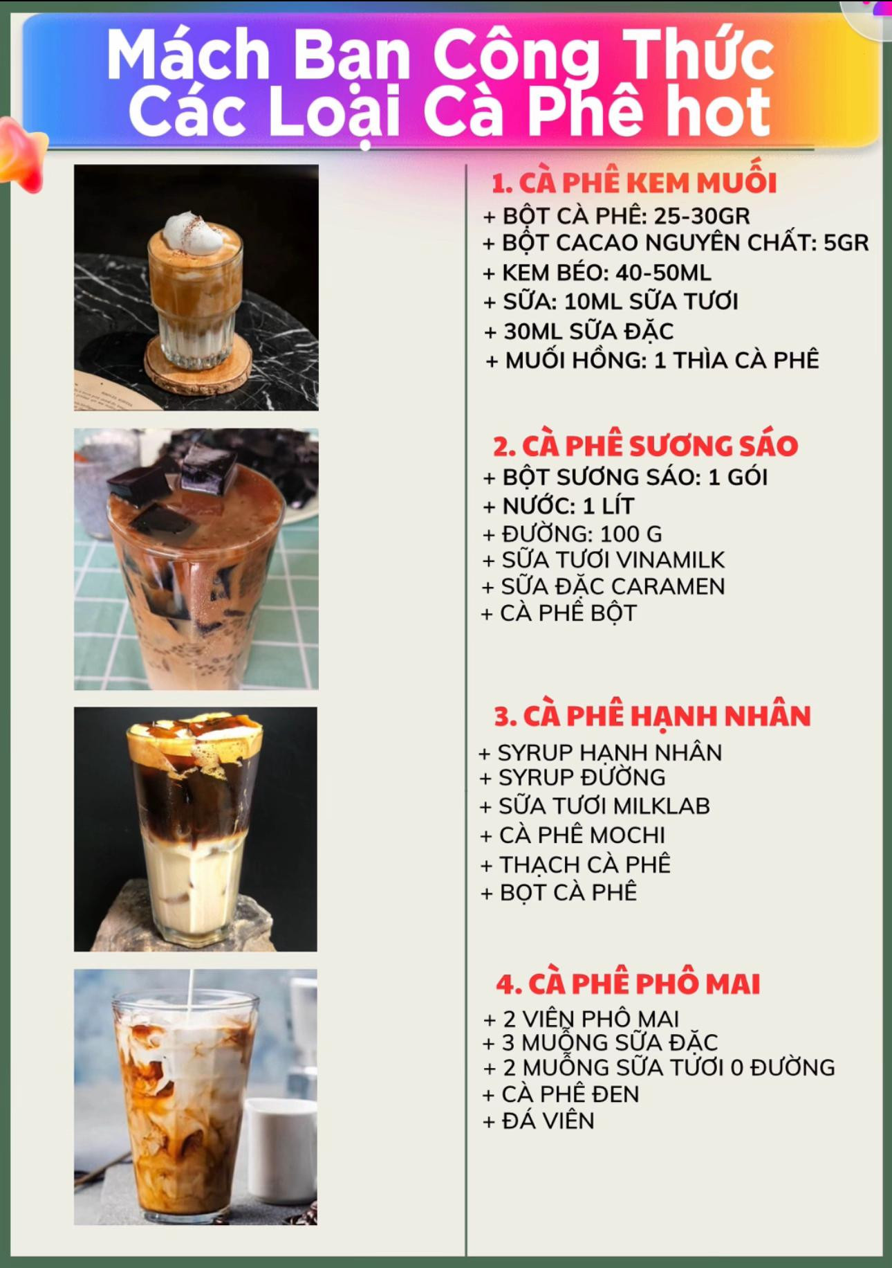 Mách Bạn Công Thức Các Loại Cà Phê Hot: Kem Muối, Sương Sáo, Hạnh Nhân và Phô Mai