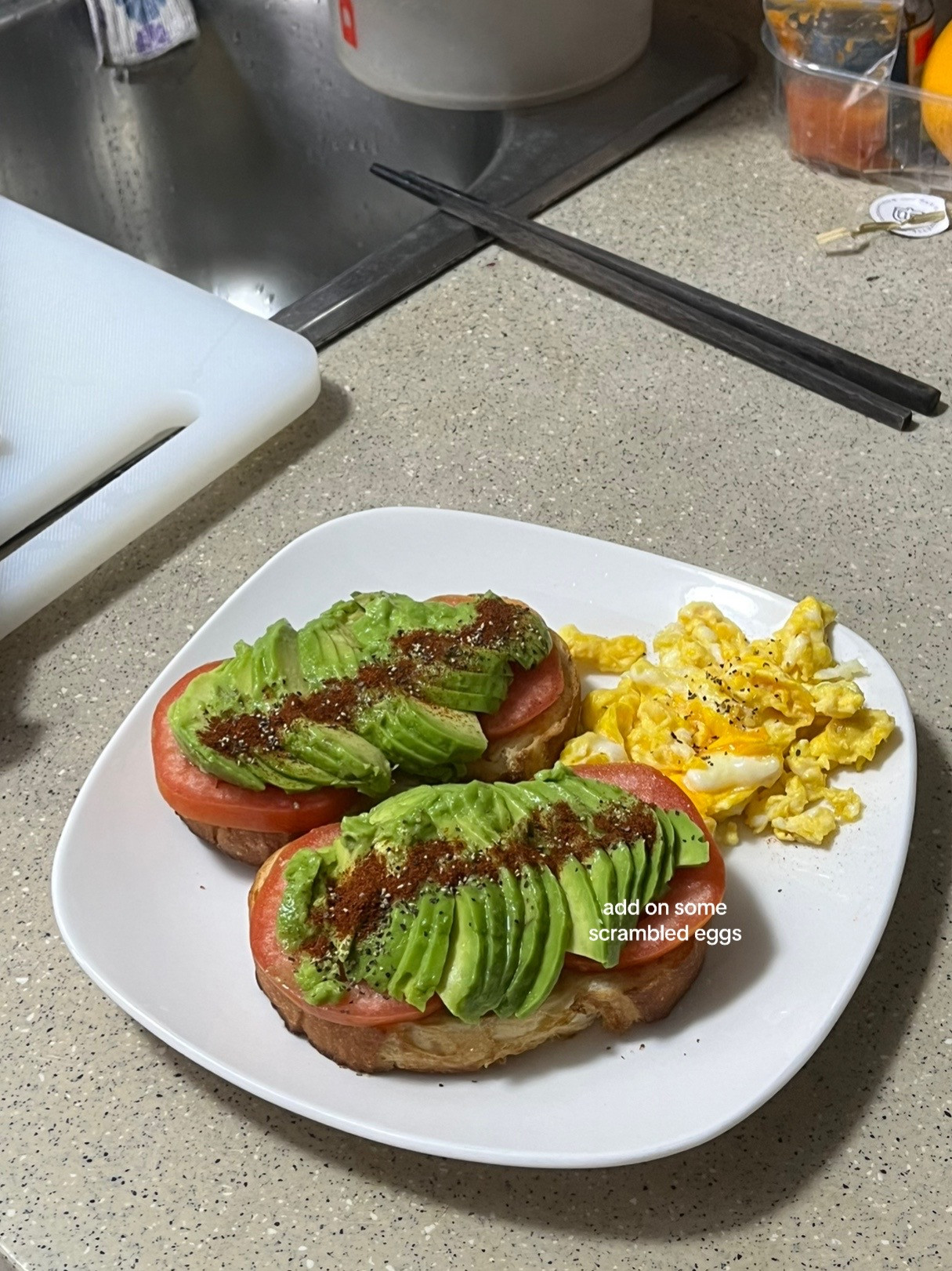 Make breakfast avo toast with me: simple avocado toast with tomatoes, buttered bread, and scrambled eggs