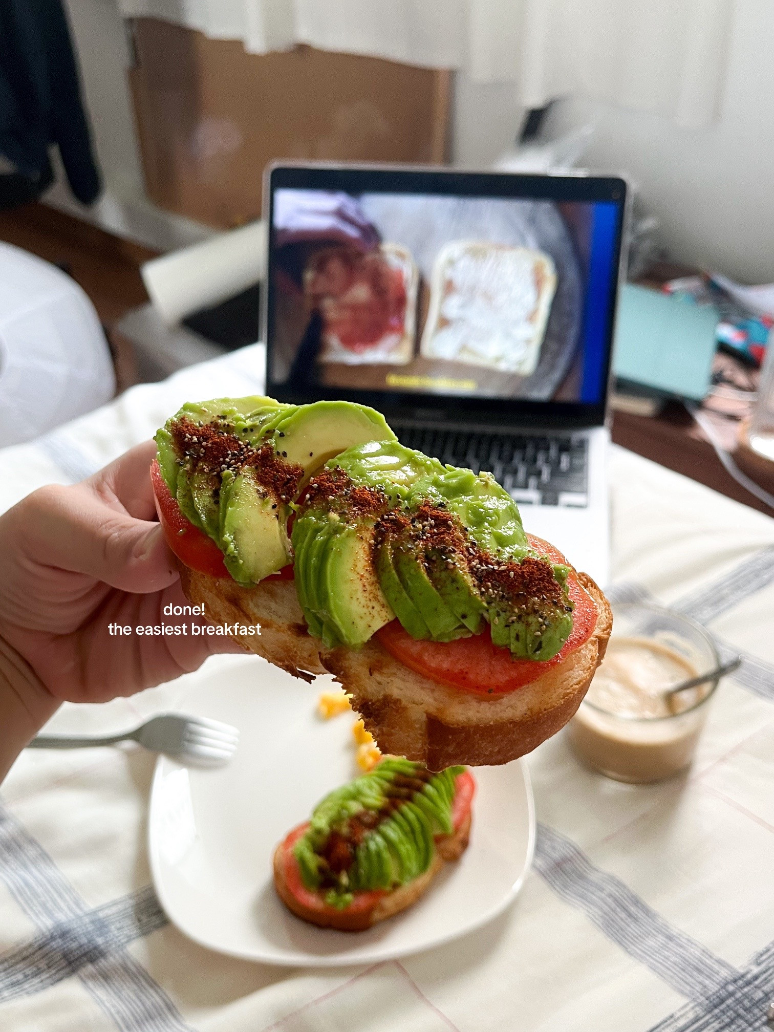 Make breakfast avo toast with me: simple avocado toast with tomatoes, buttered bread, and scrambled eggs