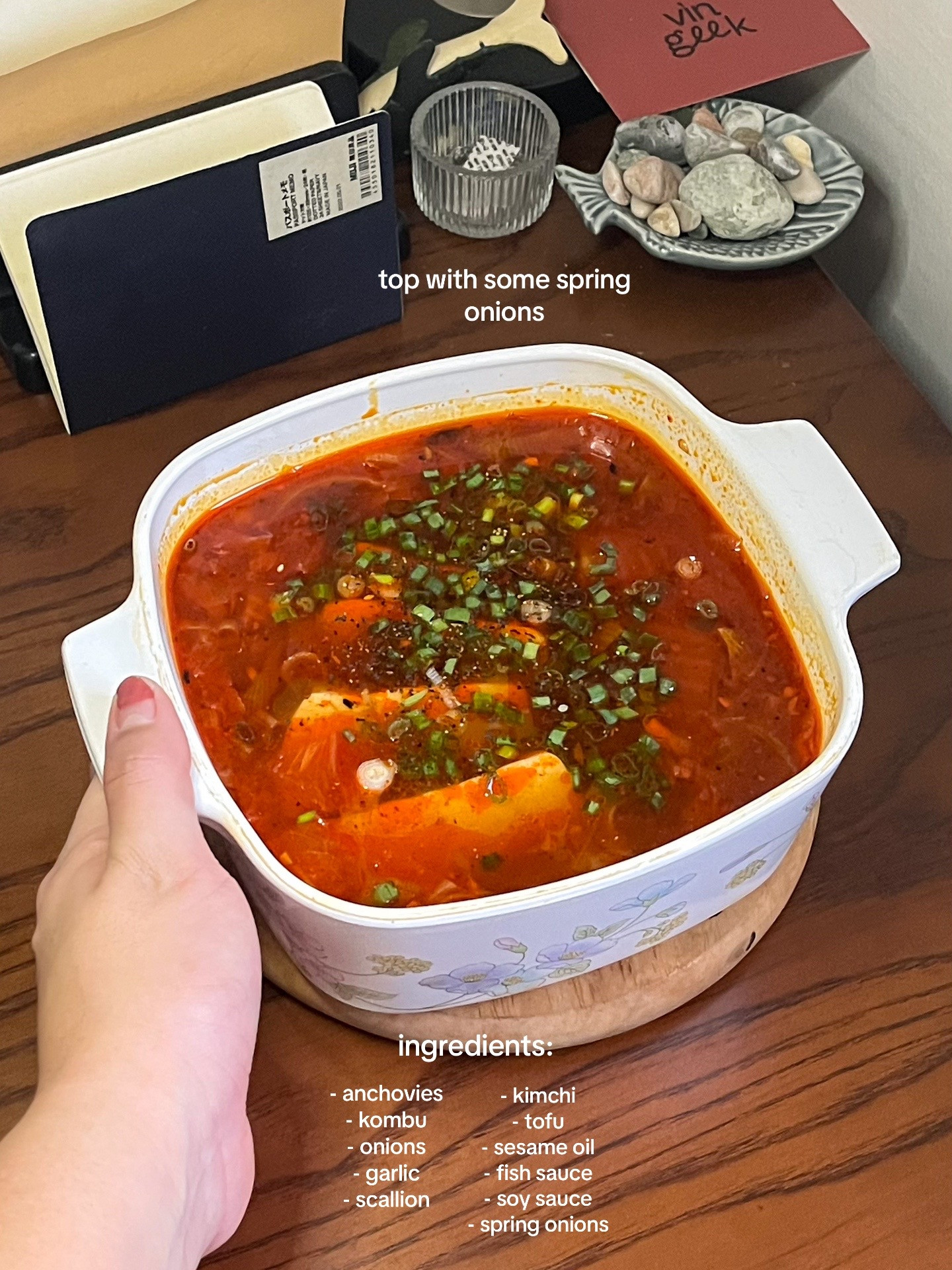 Make kimchi jjigae with me: Korean spicy tofu soup recipe using anchovies, kombu broth, scallions, onions and garlic