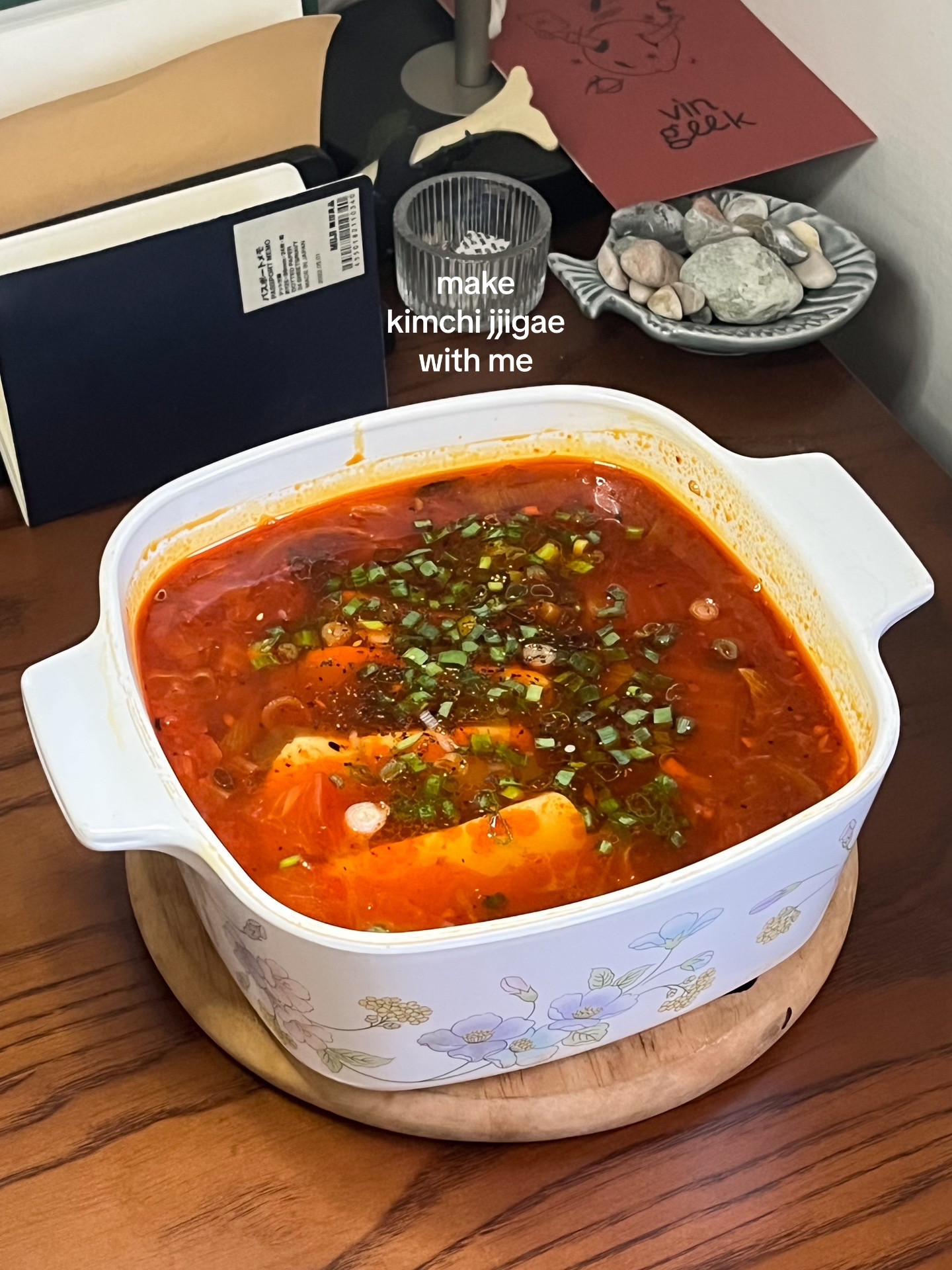 Make kimchi jjigae with me: Korean spicy tofu soup recipe using anchovies, kombu broth, scallions, onions and garlic