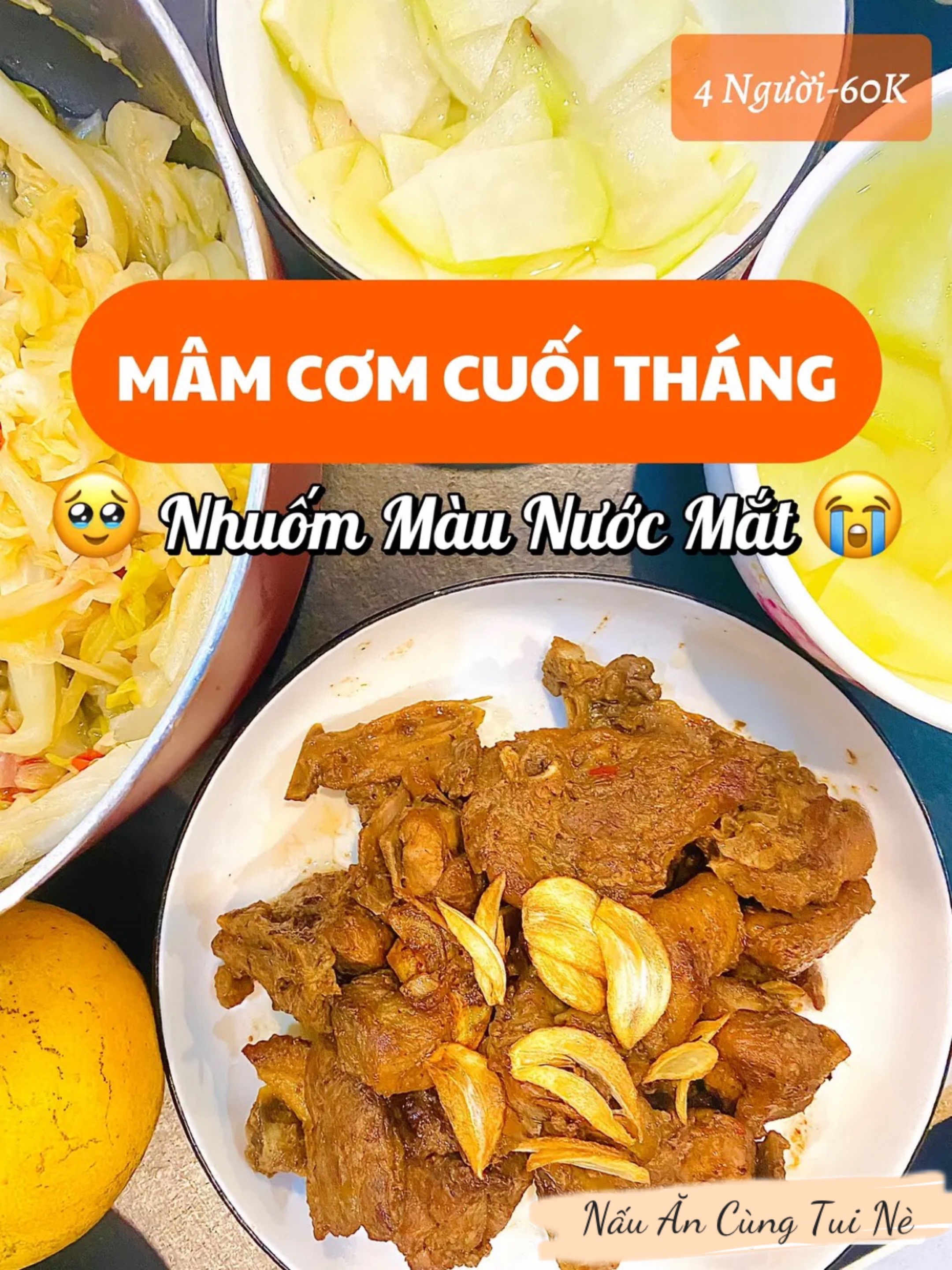 Mâm cơm cuối tháng tiết kiệm với thịt cháy tỏi, bắp cải xào và su hào muối xổi