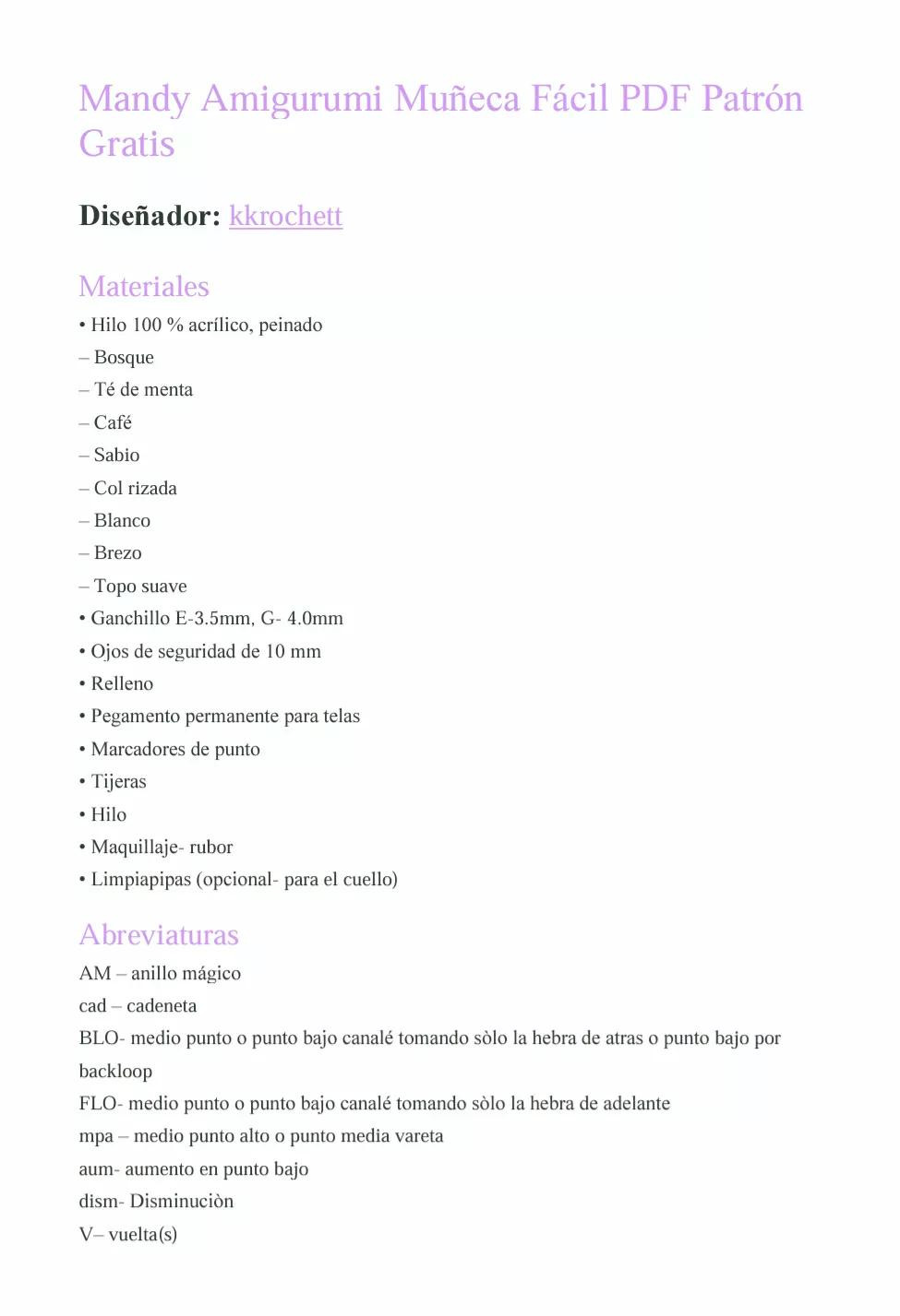 Mandy Amigurumi Muñeca Fácil PDF Patrón Gratis