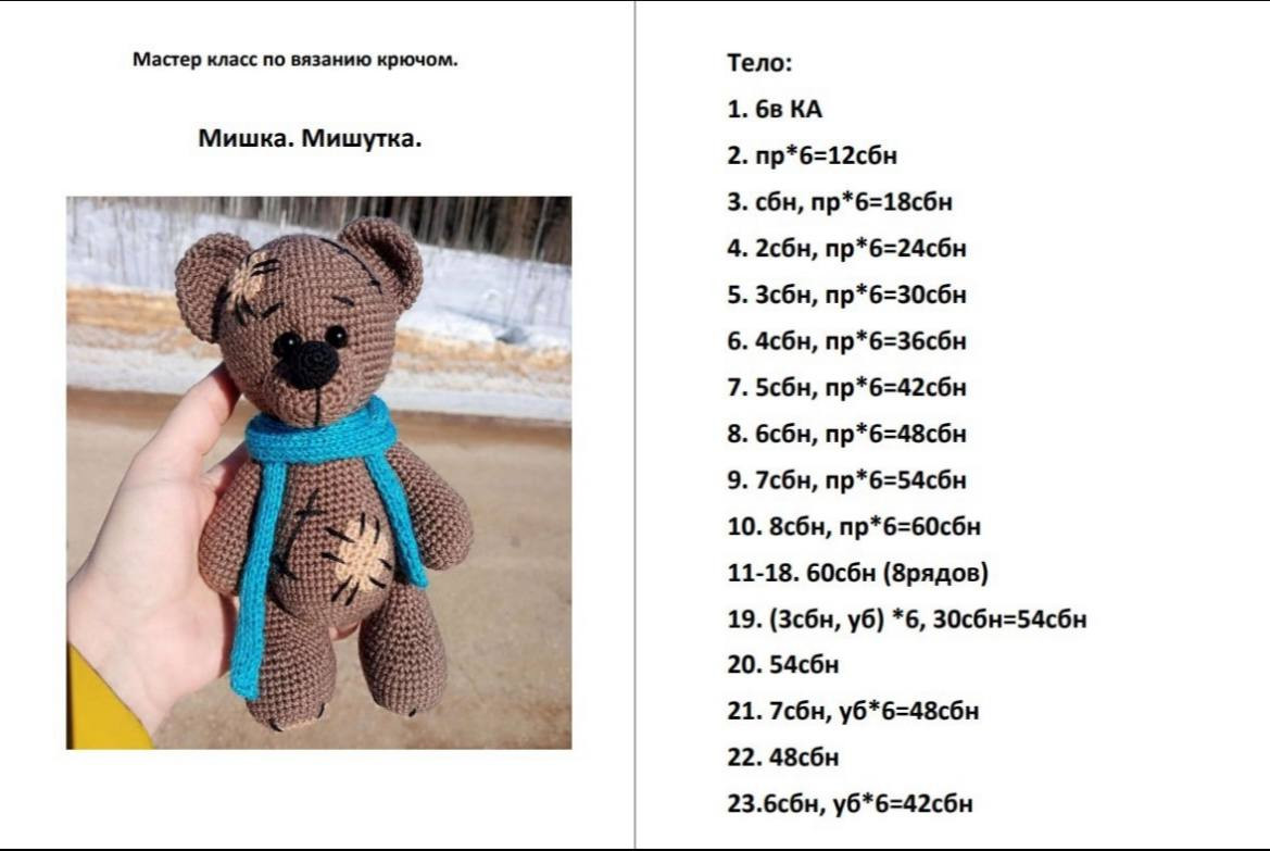 Мастер класс по вязанию крючком: Мишка Мишутка. Полная схема амигуруми с пошаговыми инструкциями для тела, головы и деталей.