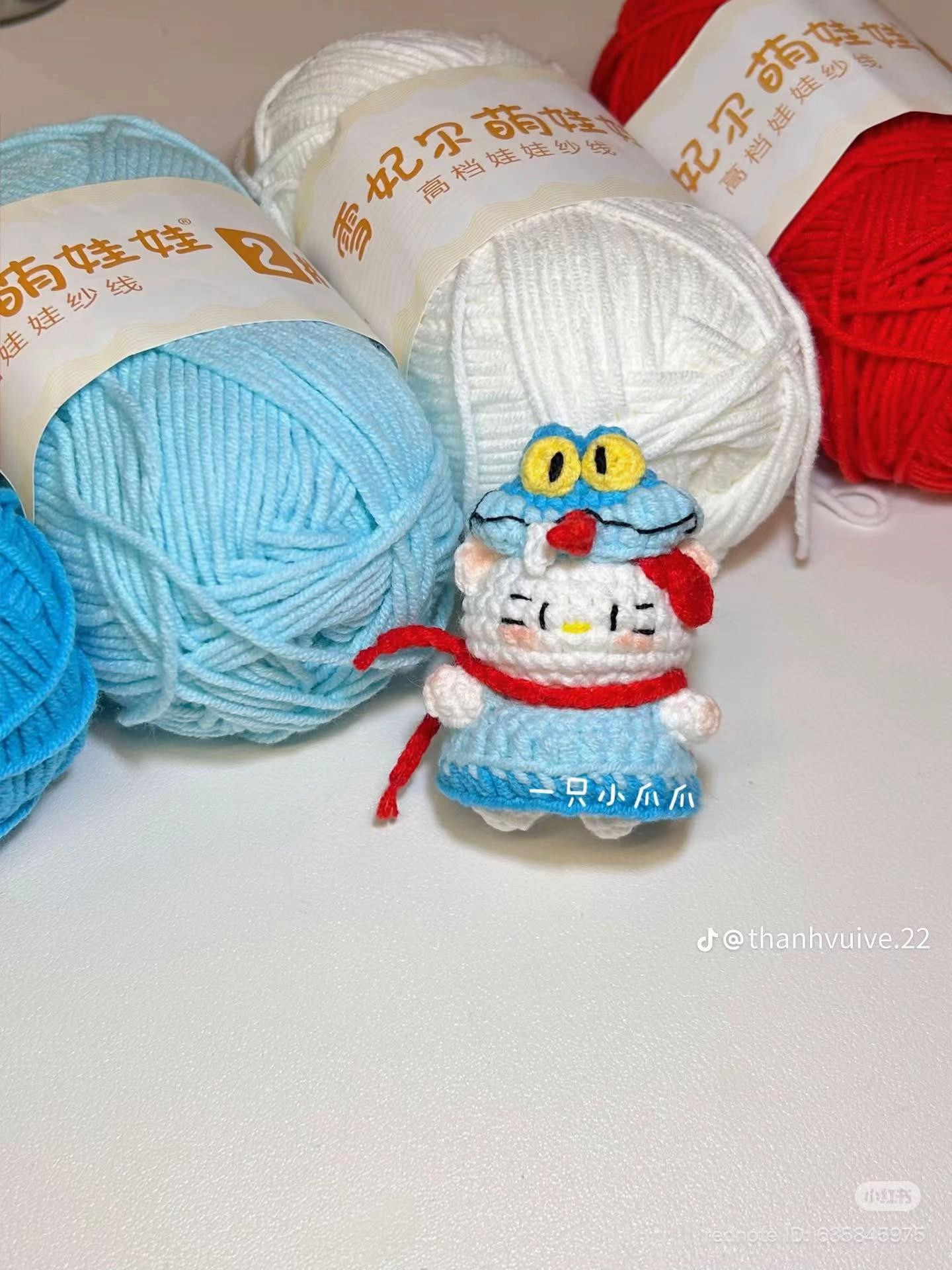 Mẫu móc len búp bê Gary Kitty dễ thương màu xanh trắng