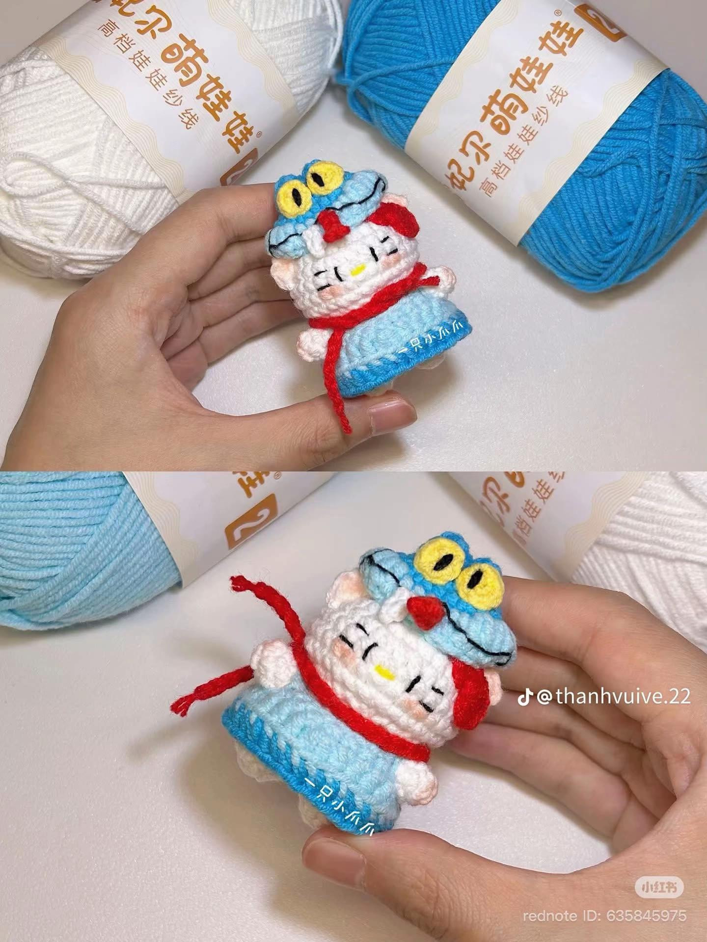 Mẫu móc len búp bê Gary Kitty dễ thương màu xanh trắng