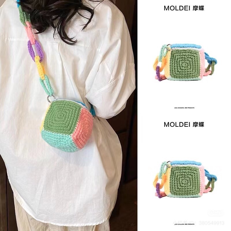 Mẫu móc len túi xách hình hộp vuông nhiều màu sắc, kèm biểu đồ hướng dẫn chi tiết cách làm