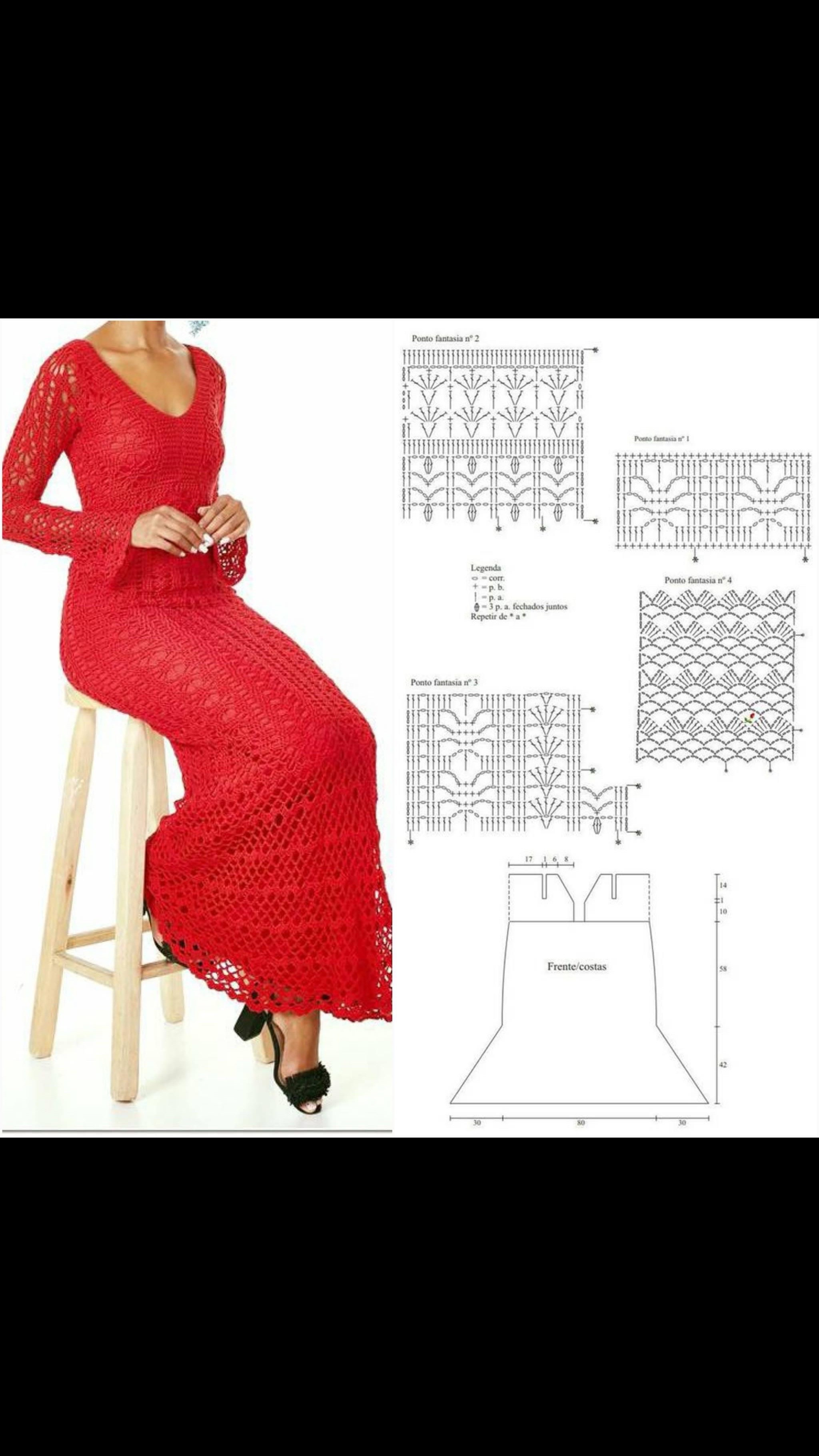 Mẫu váy dài màu đỏ thiết kế ren tinh tế với tay bồng và các bảng chart hướng dẫn chi tiết