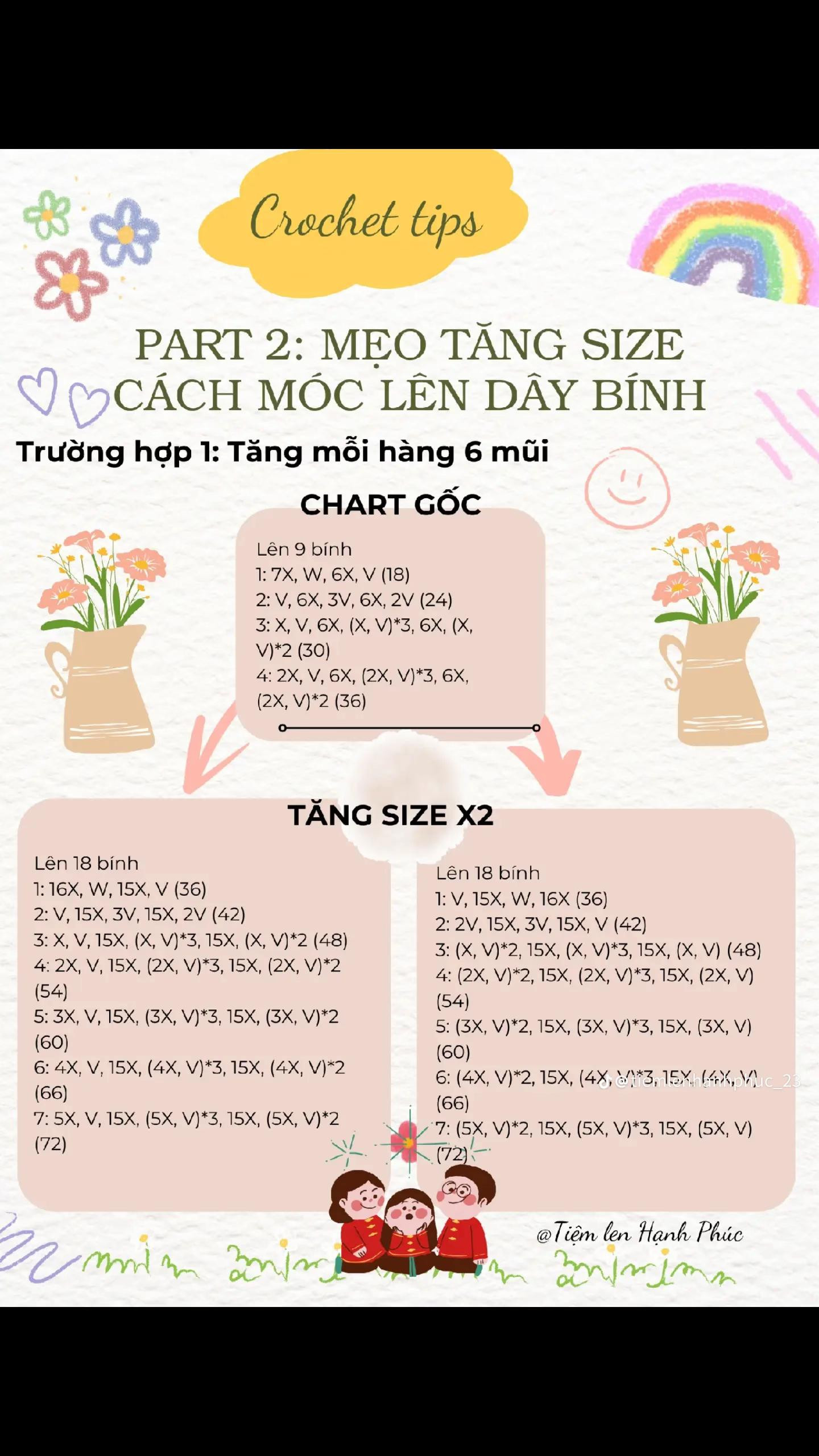 Mẹo tăng size chart móc len: Cách móc lên dây bính x2