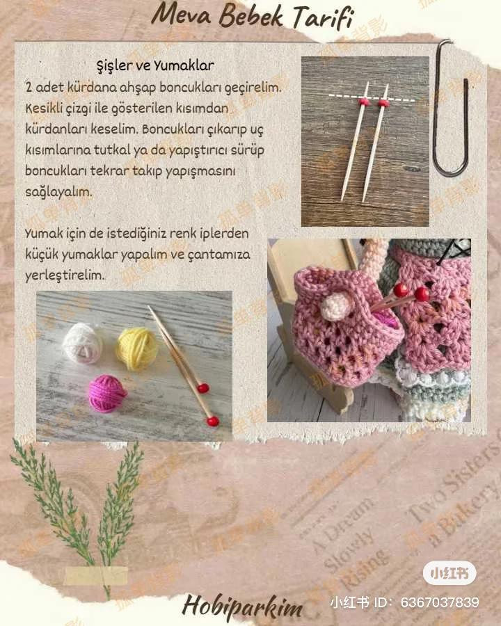 Meva Bebek Tarifi: Amigurumi búp bê mặc váy xanh hồng, mũ và túi xách